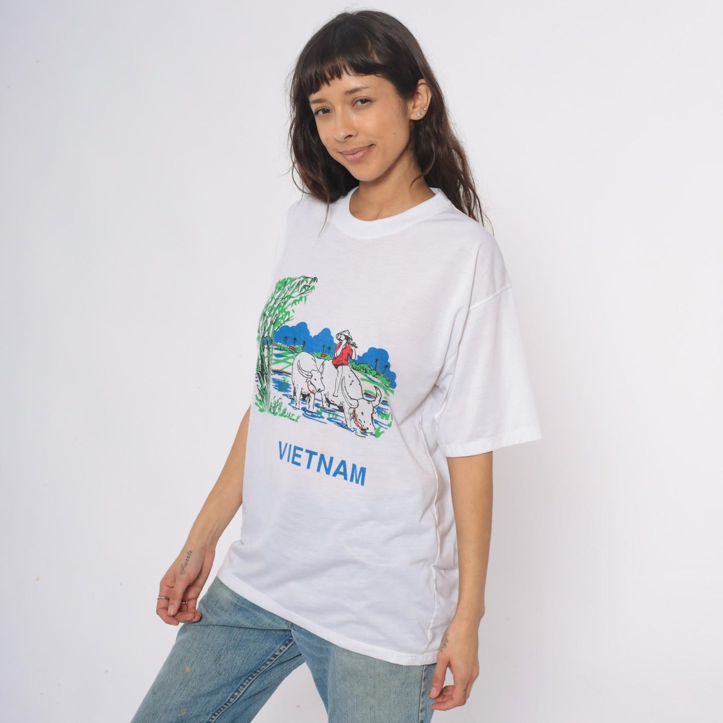 Y2K Vietnam Souvenir Graphic Tee Water Buffalo Rice Paddy White Cotton Extra Large