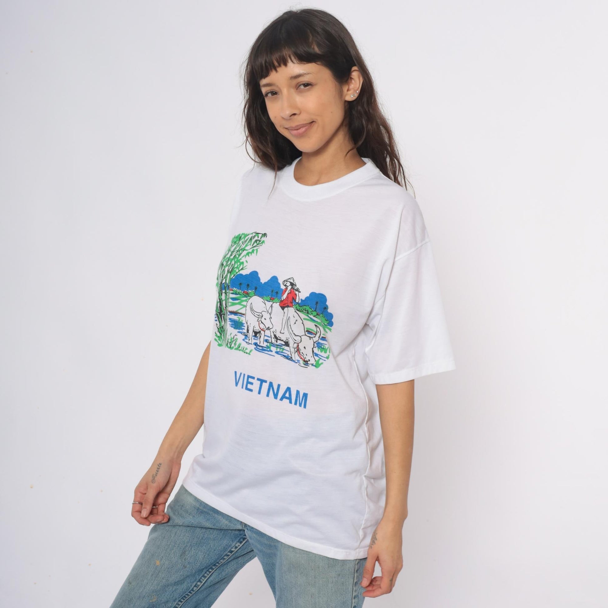 Y2K Vietnam Souvenir Graphic Tee Water Buffalo Rice Paddy White Cotton Extra Large