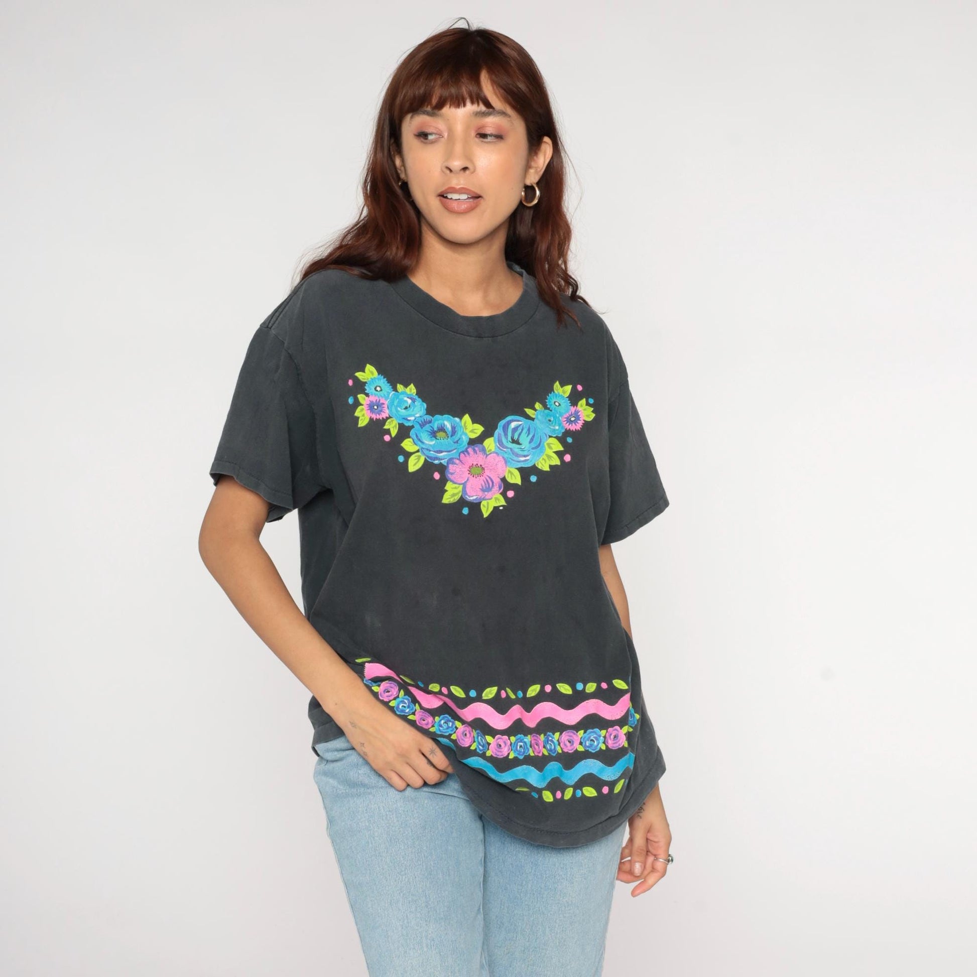 90s Jacques Moret Floral Cotton T-Shirt Blue Pink Roses Graphic Tee Large