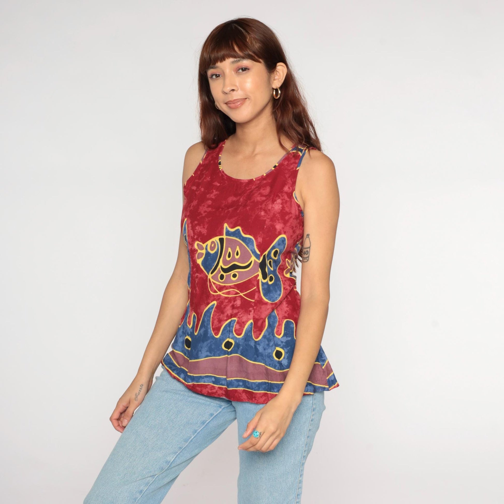 Y2K Ligayas Fish Tank Top Red Tie-Dye Abstract Print Blue Yellow Small