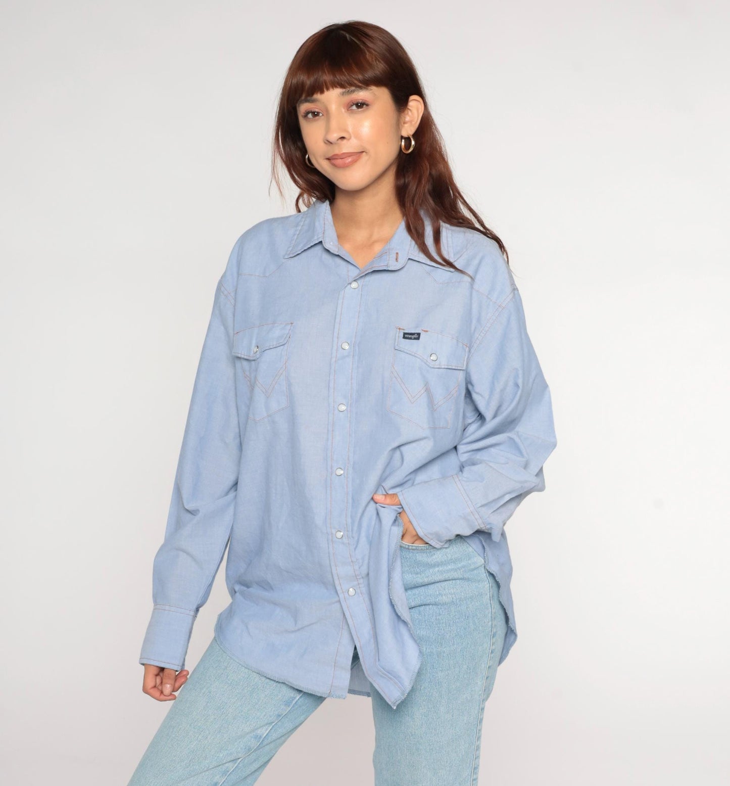 90s Wrangler Light Blue Chambray Pearl Snap Western Shirt Extra Large XXL
