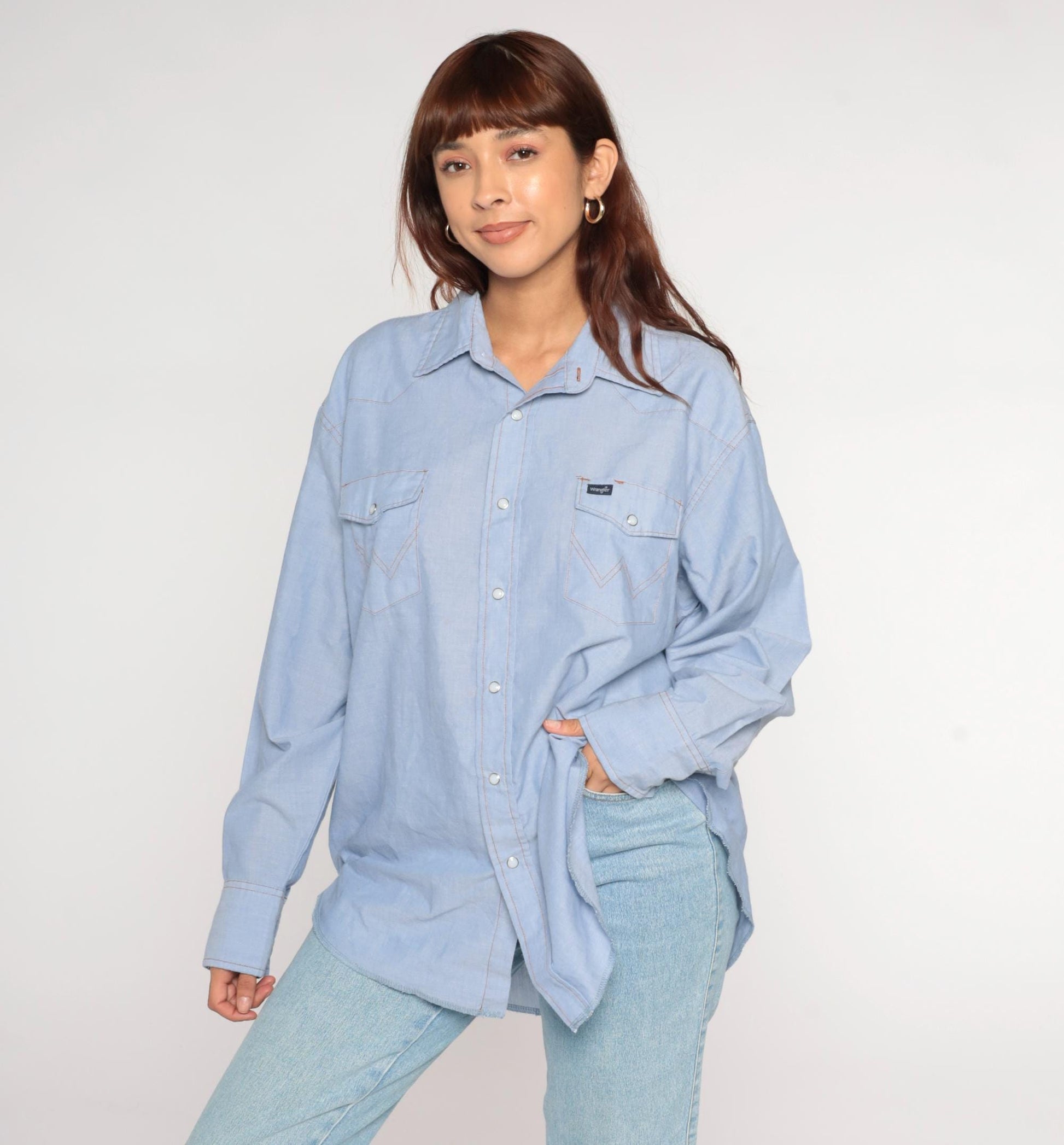 90s Wrangler Light Blue Chambray Pearl Snap Western Shirt Extra Large XXL