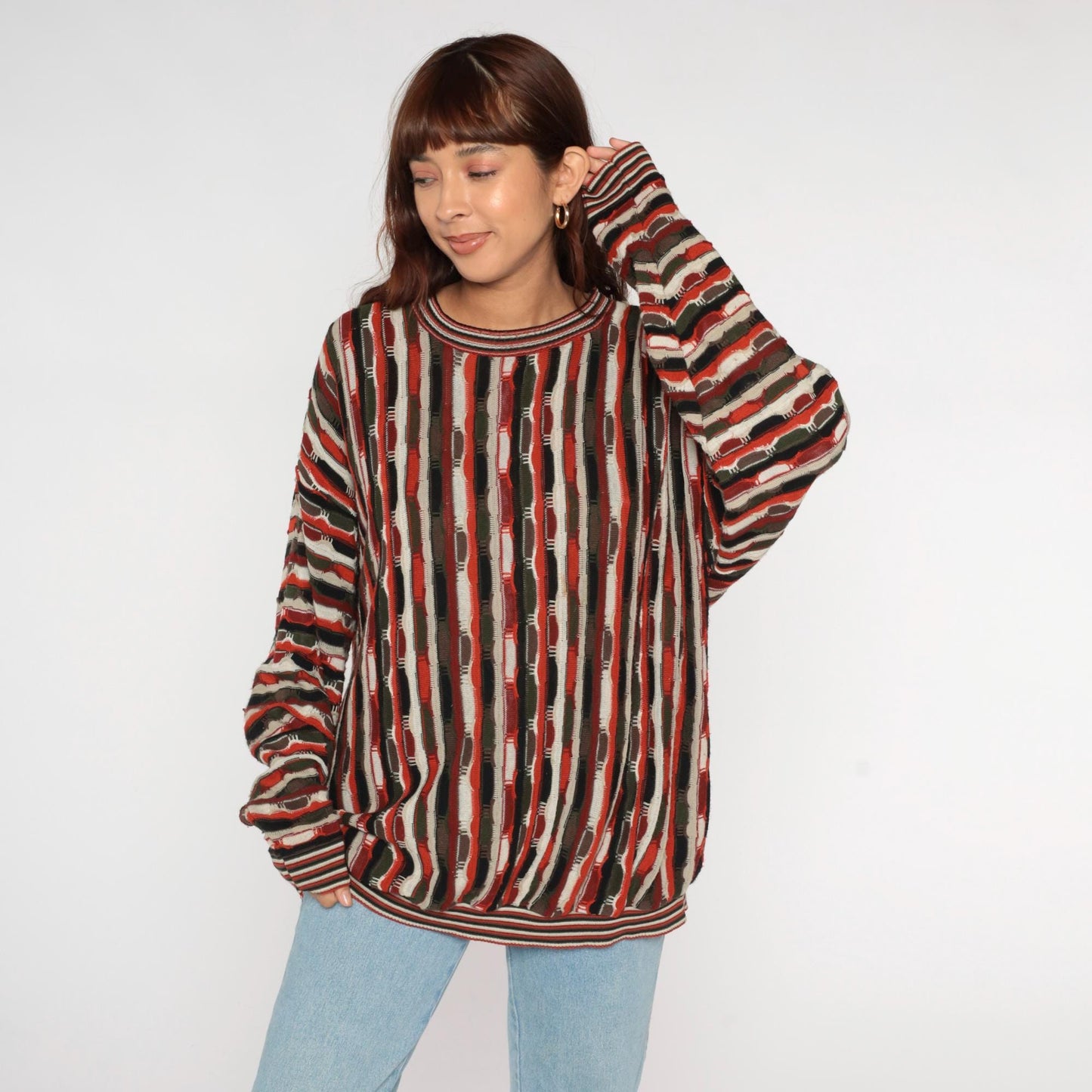 90s Protege Vertical Stripe Crewneck Sweater Rust Orange Black Cream Extra Large