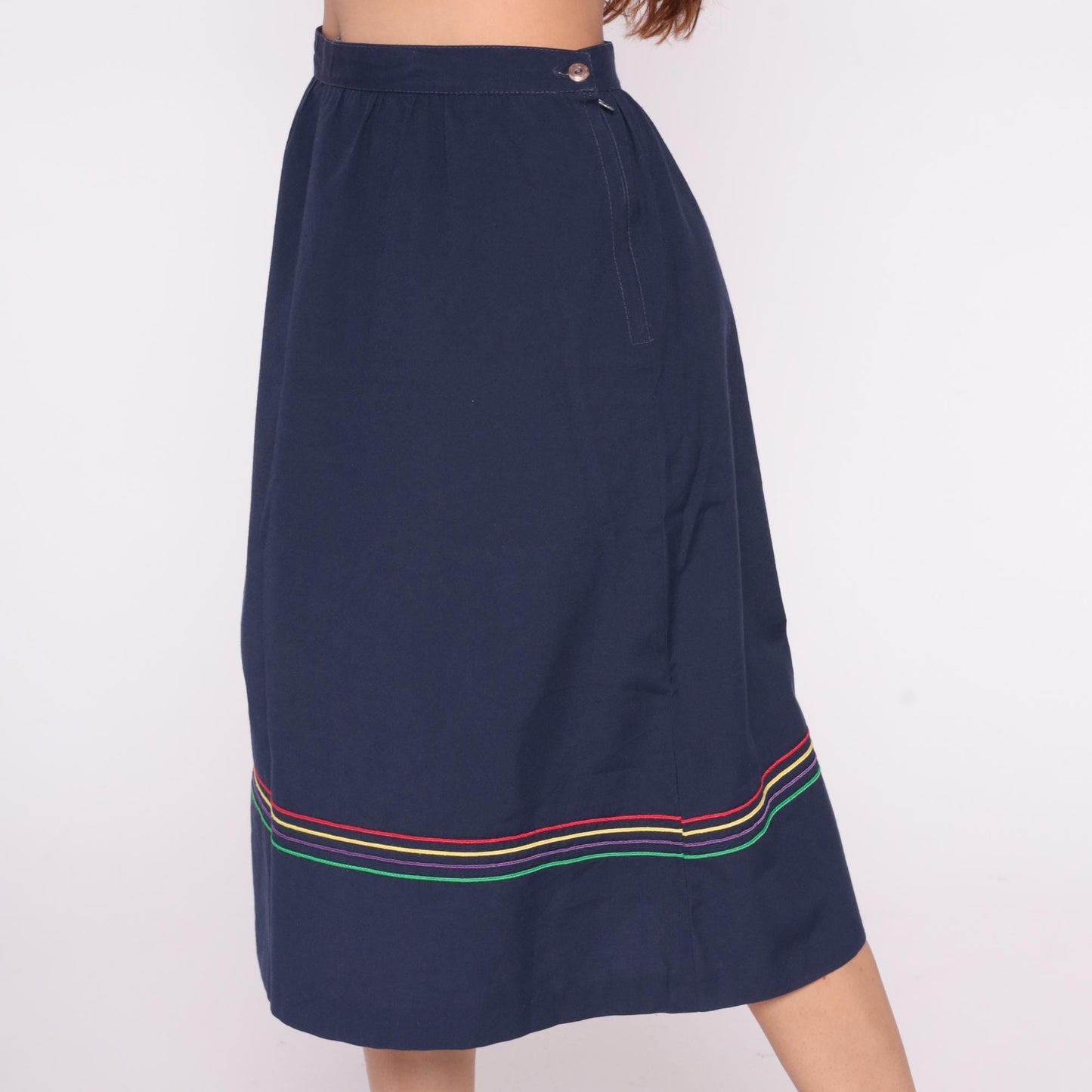 80s Navy A-Line Skirt Rainbow Striped Trim Elastic Waist Medium