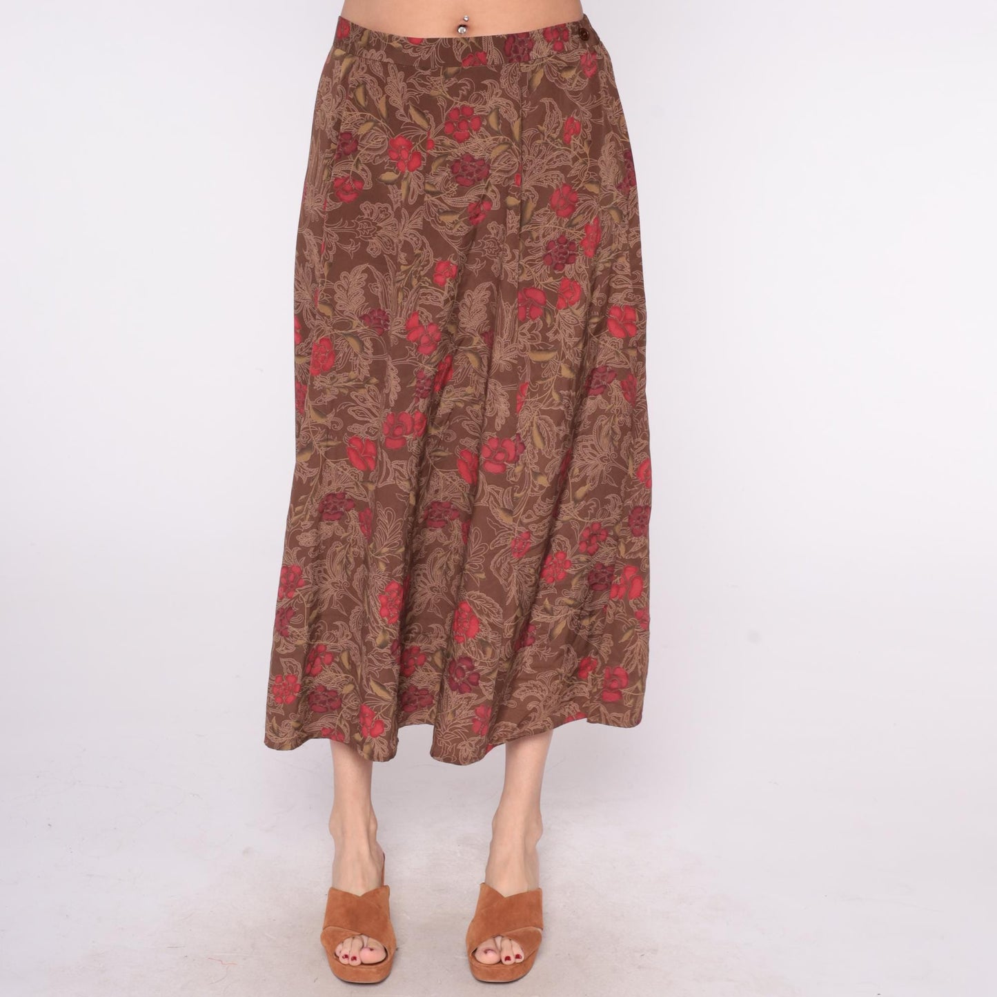 90s Brown Floral Maxi Skirt Red Burgundy Paisley Elastic Waist Large