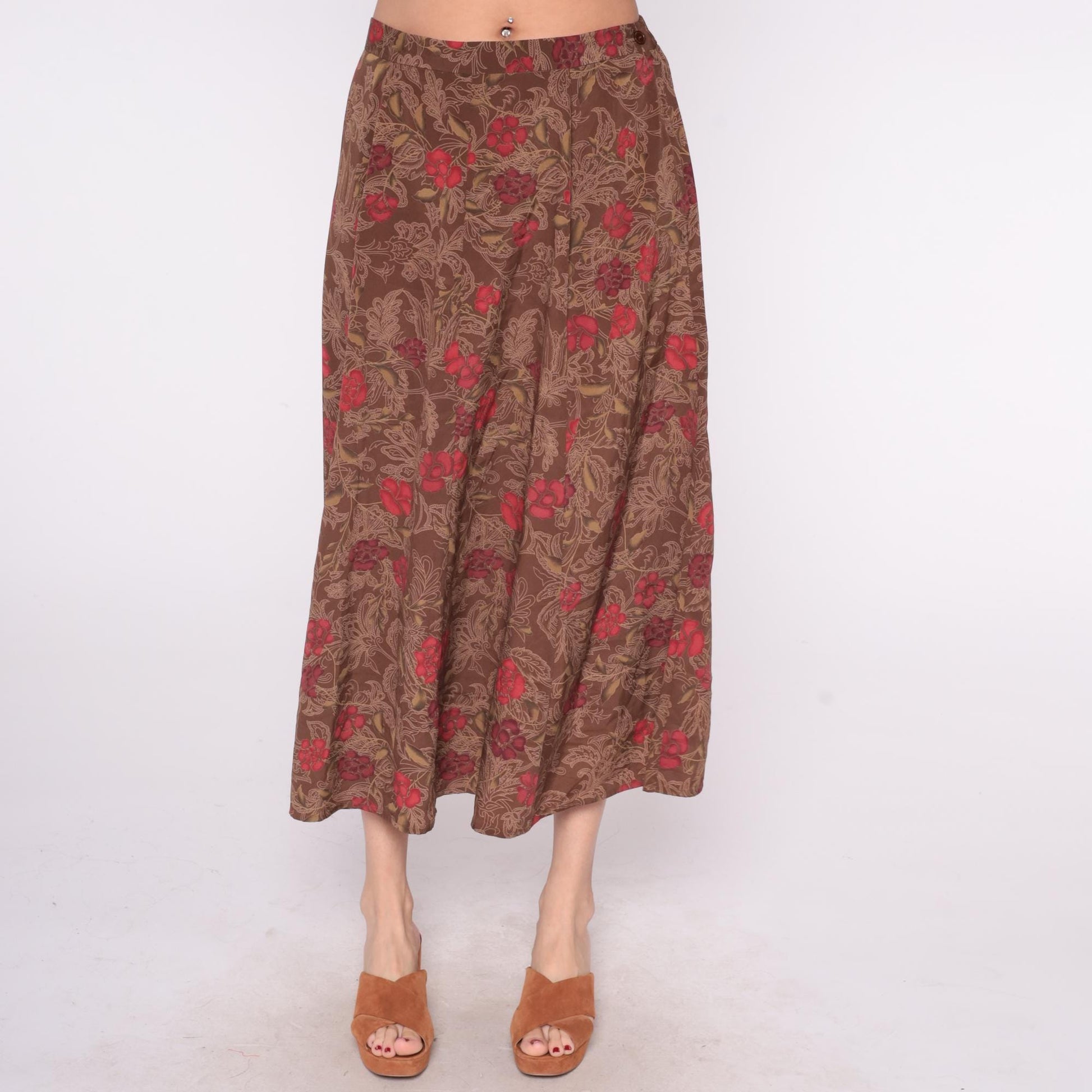 90s Brown Floral Maxi Skirt Red Burgundy Paisley Elastic Waist Large