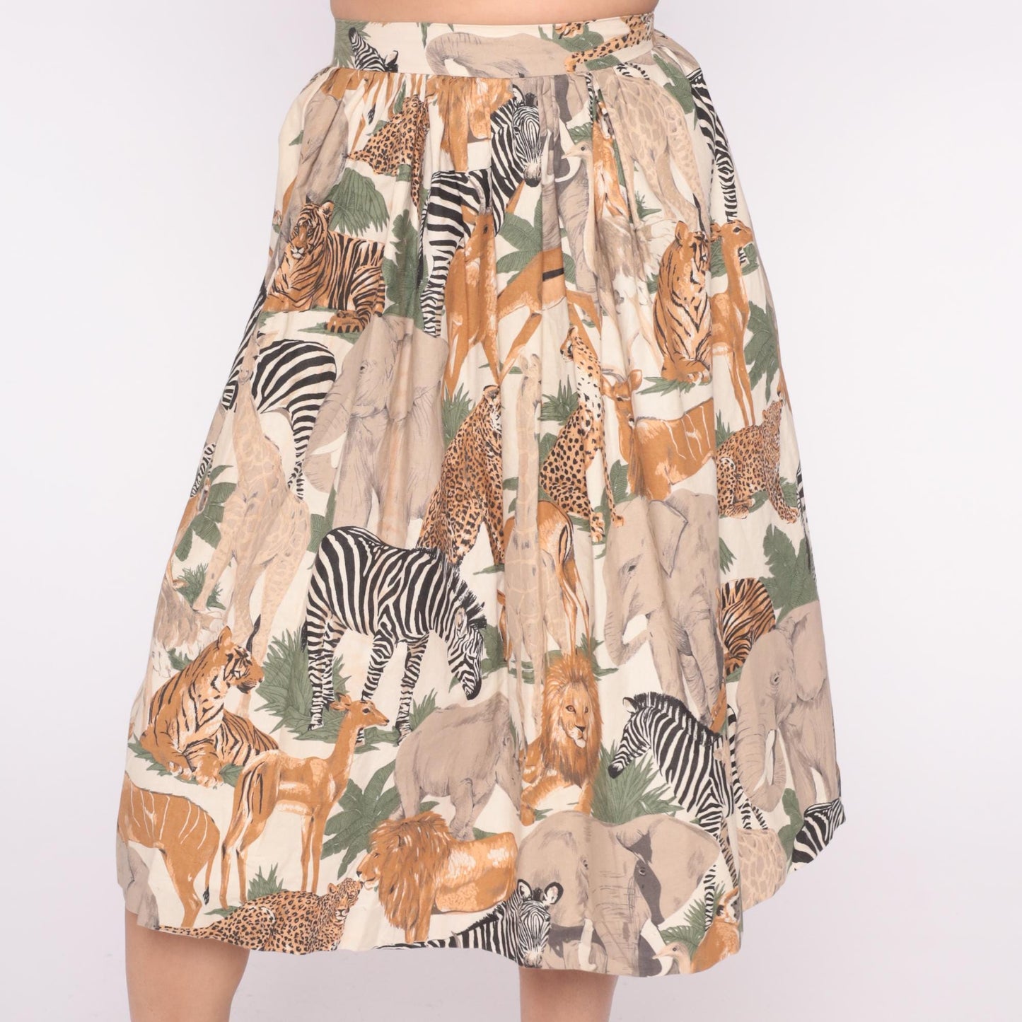 80s Safari Animal Print Skirt Cream Orange Pleated Elastic Waist Small