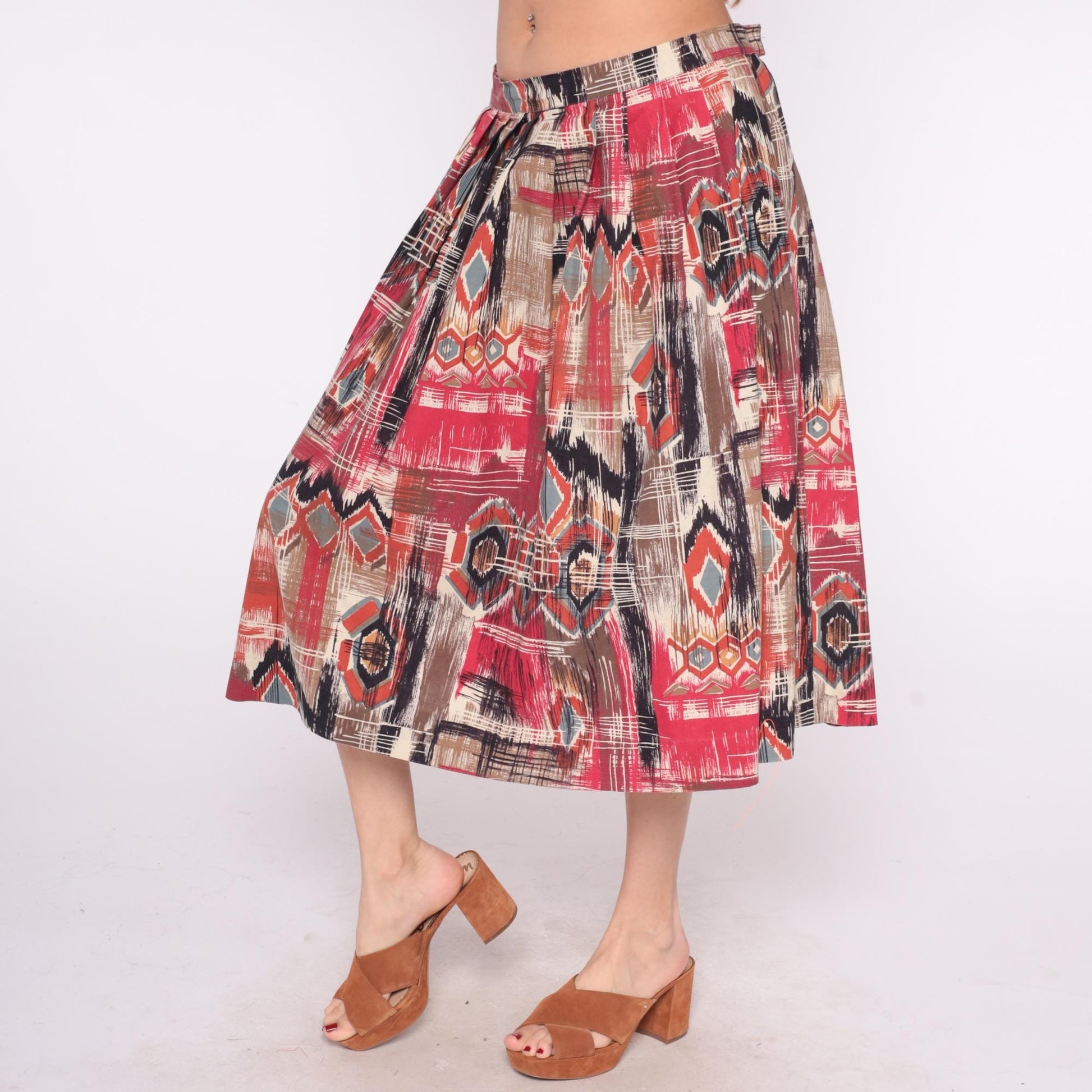 80s Southwestern Geometric Midi Skirt Red Pink Black Tan Cotton High Waist Medium