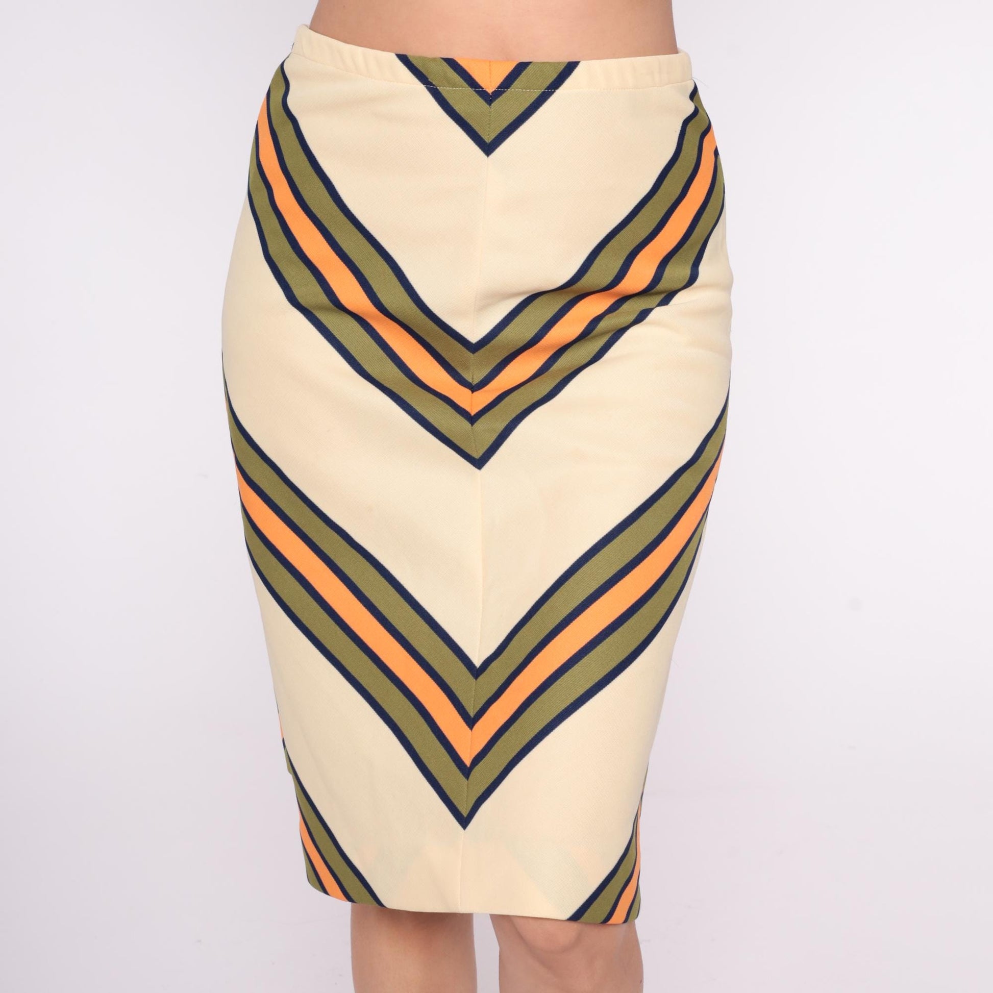 70s Chevron A-Line Skirt Cream Navy Orange Stripe Knee-Length Medium Large