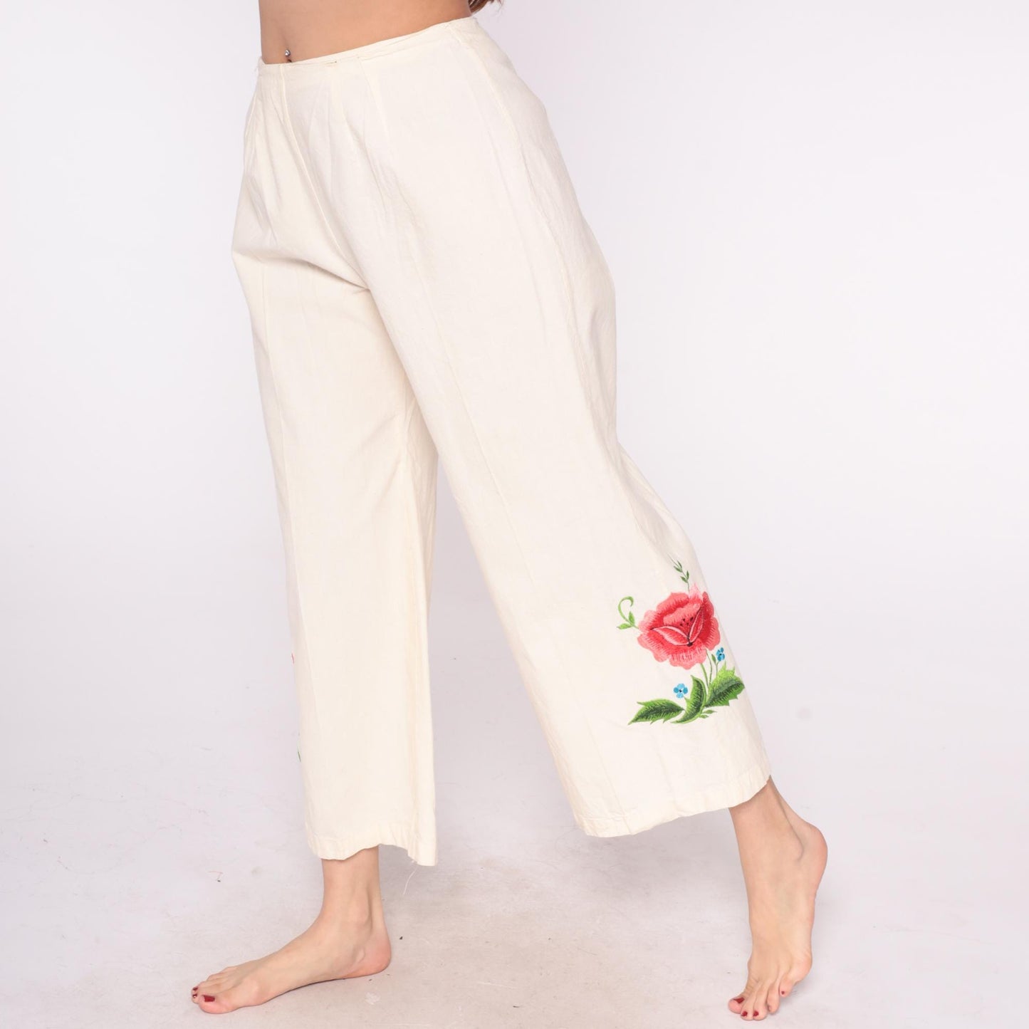 80s Floral Embroidered Cream Wide Leg Pants High Waist Palazzo Cotton Medium