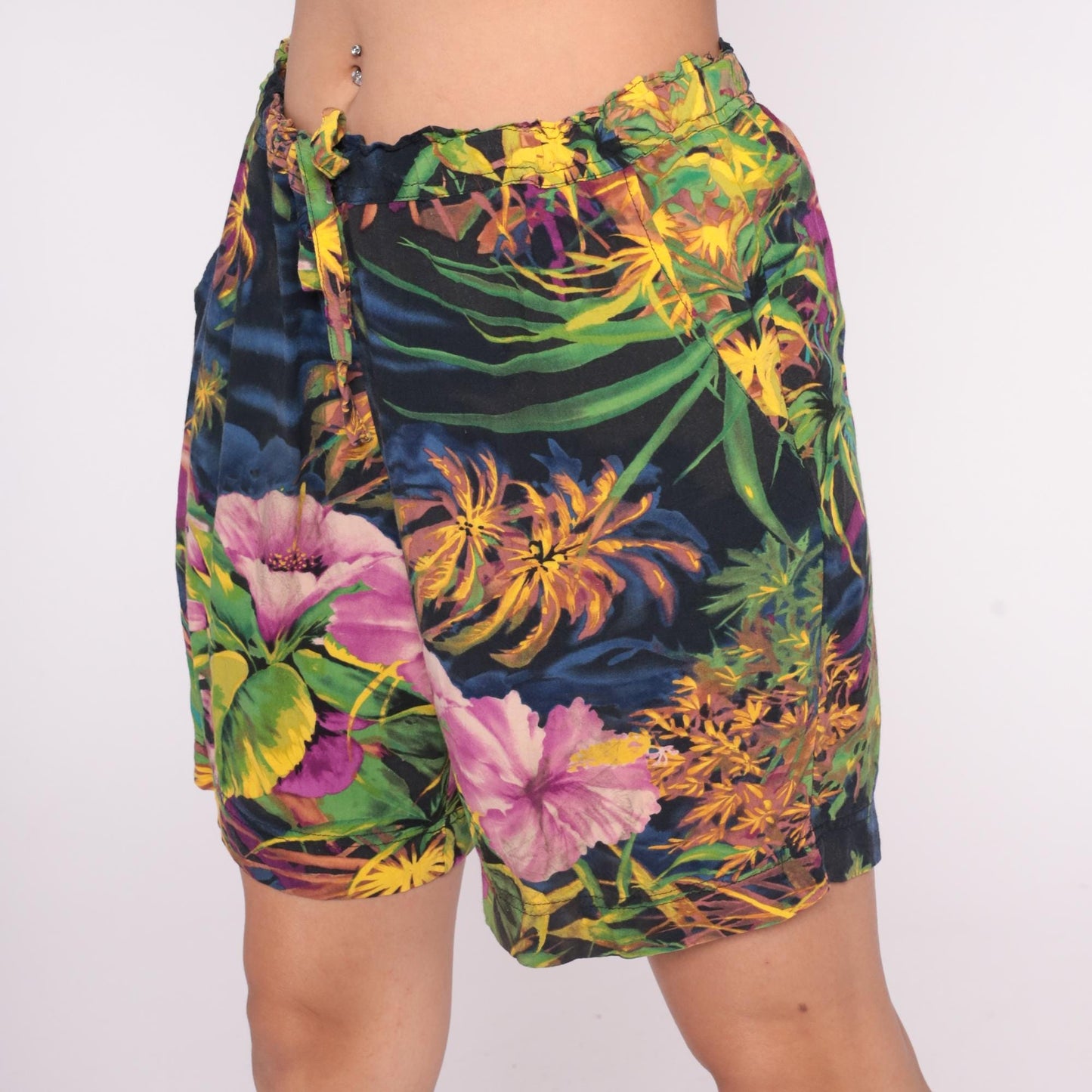 Y2K Jams World Tropical Shorts Floral Palm Print High Waist Rayon Medium Large