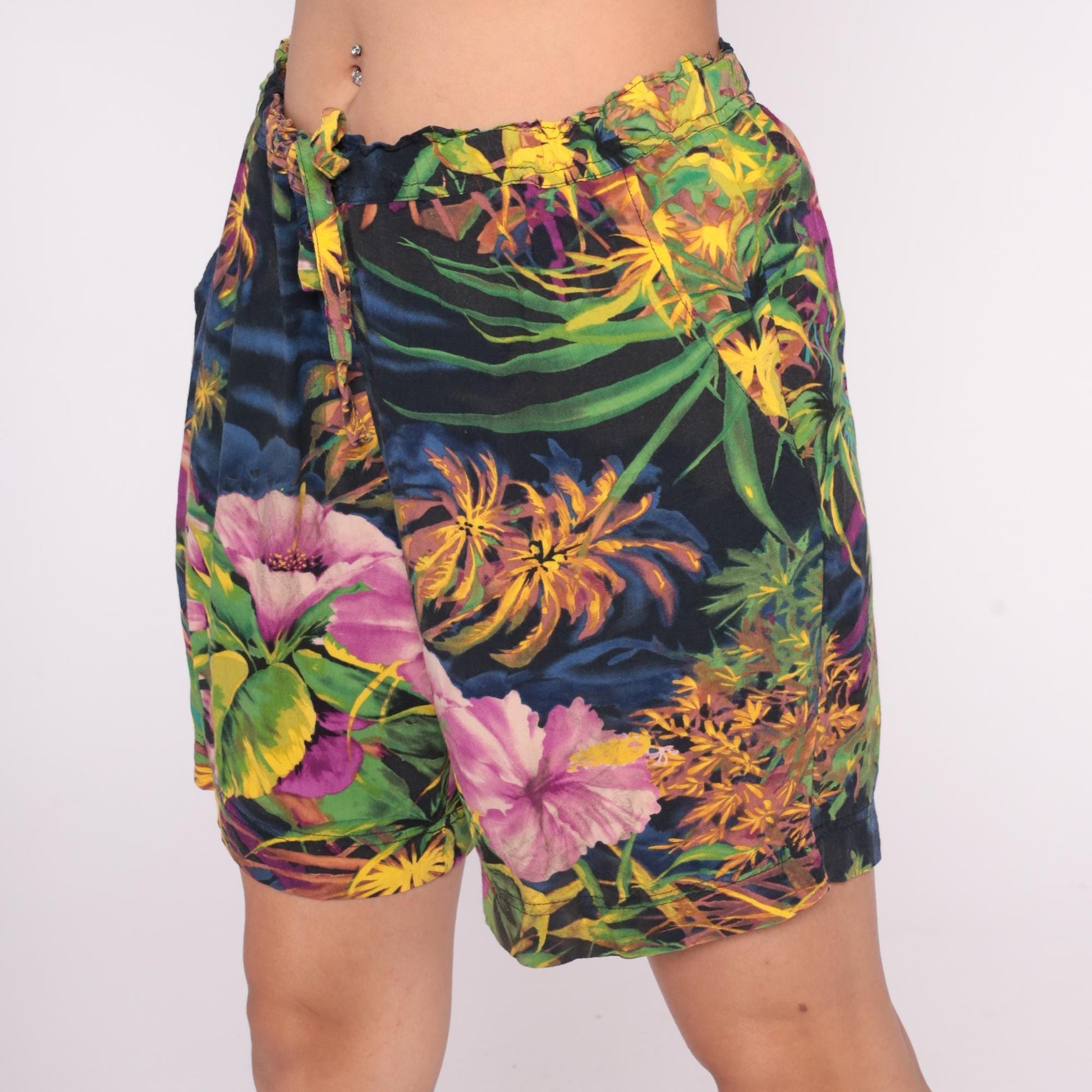 Y2K Jams World Tropical Shorts Floral Palm Print High Waist Rayon Medium Large