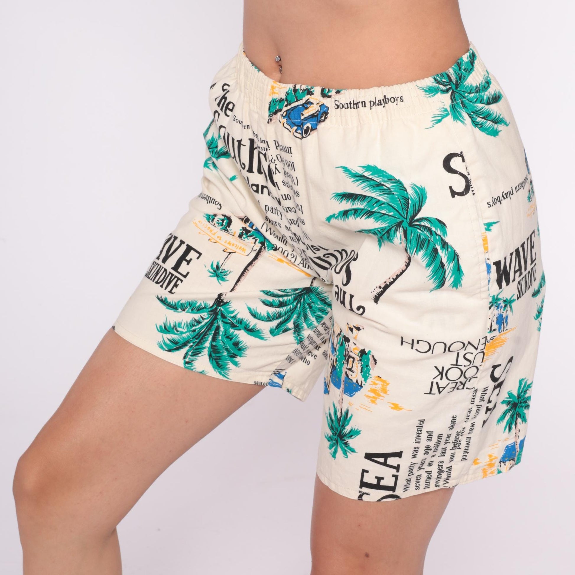 80s Tropical Palm Tree Shorts Cream Graphic Text Beach Small Medium
