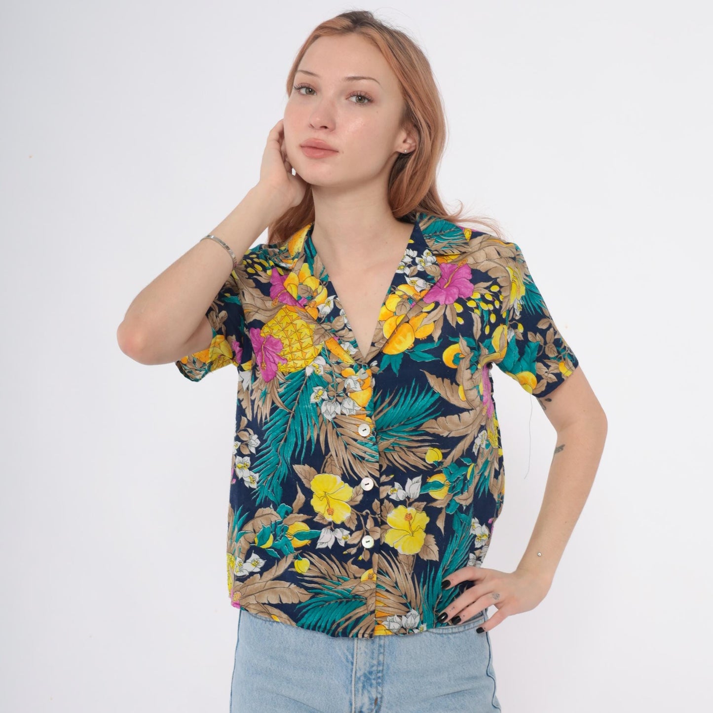 90s So What Hawaiian Shirt Navy Tropical Floral Pineapple Small