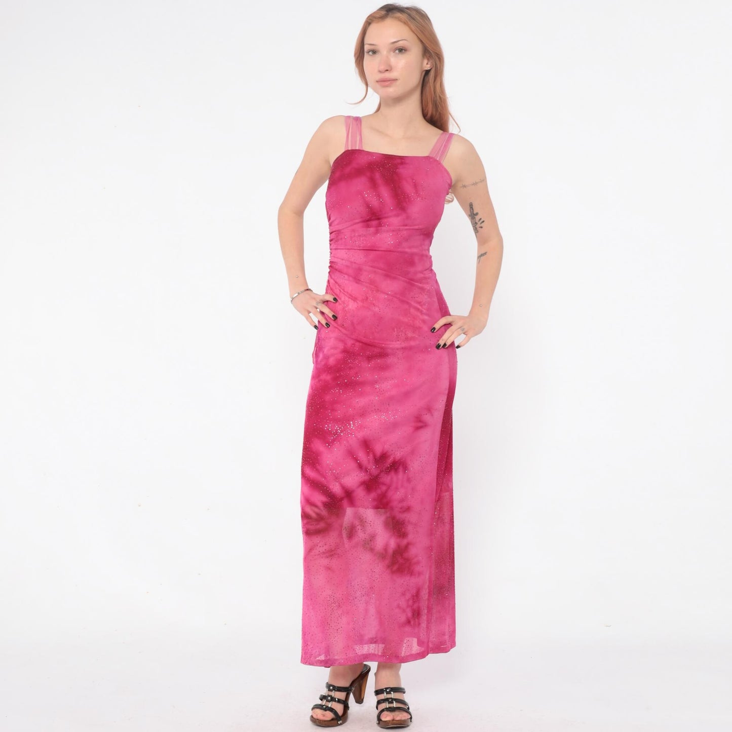 Y2K Hot Pink Sparkle Maxi Dress Ruched Spaghetti Strap Extra Small
