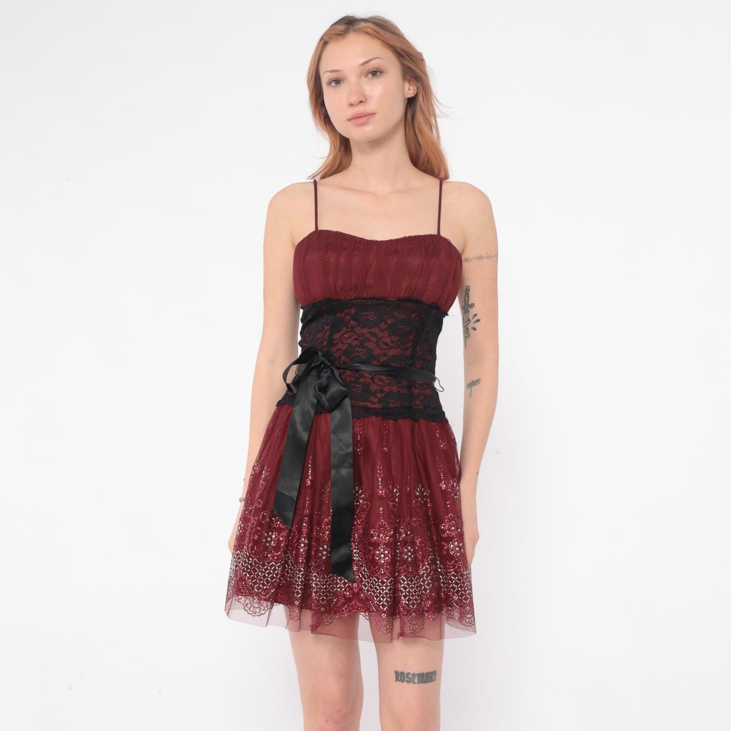 Y2K Burgundy Mini Dress Sequin Lace Spaghetti Strap Small