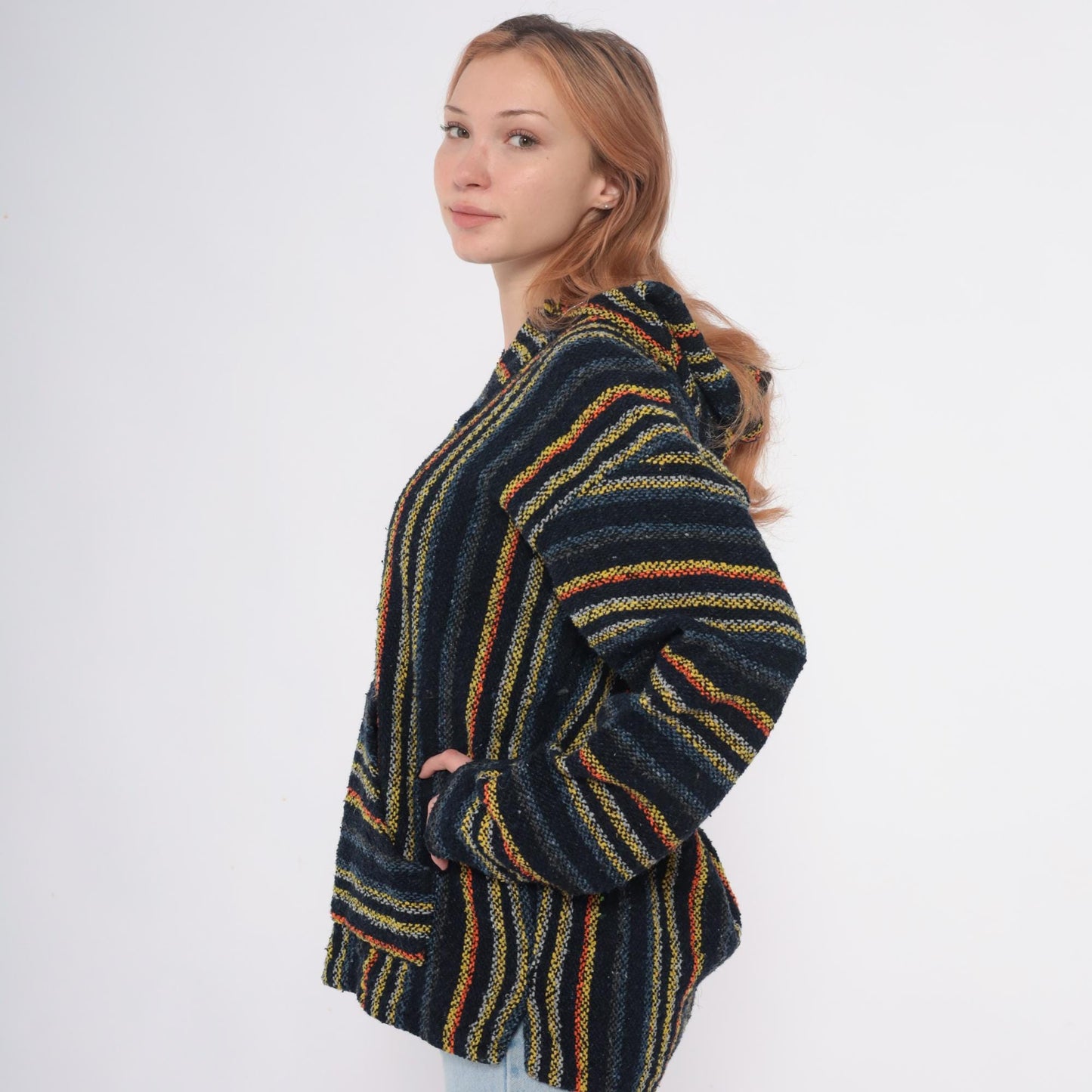 90s Iguana Jack Baja Hoodie Black Striped Woven Kangaroo Pocket Extra Large XL