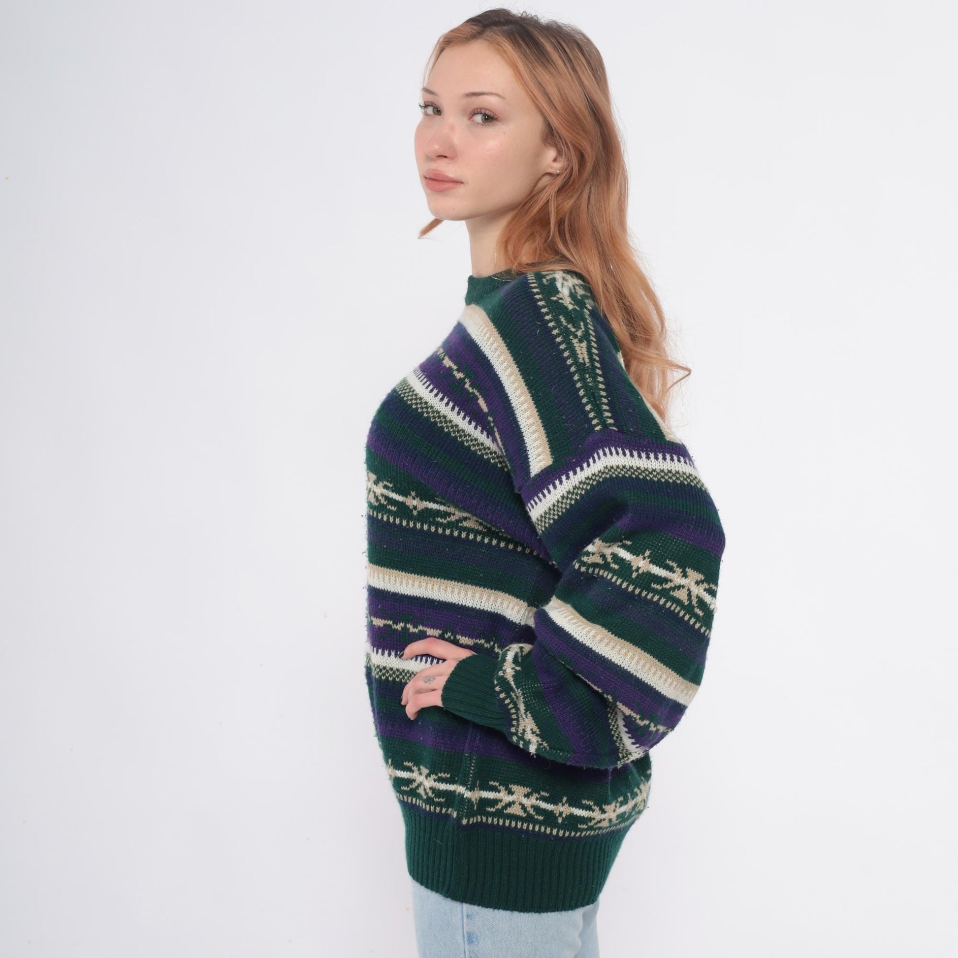 90s Fair Isle Sweater Green Purple Cream Geometric Pullover Extra Large XL
