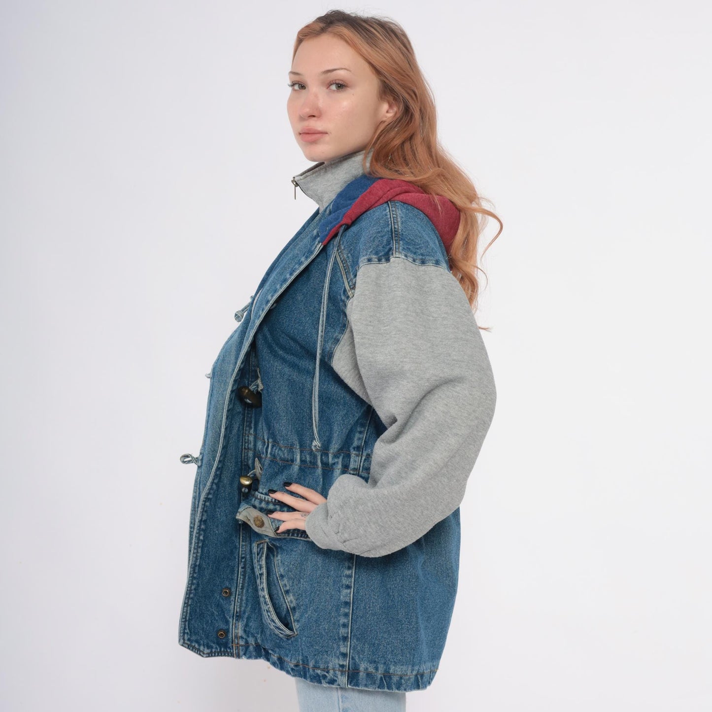 90s New York Girl Denim Jacket Colorblock Hood Toggle Closure Medium M