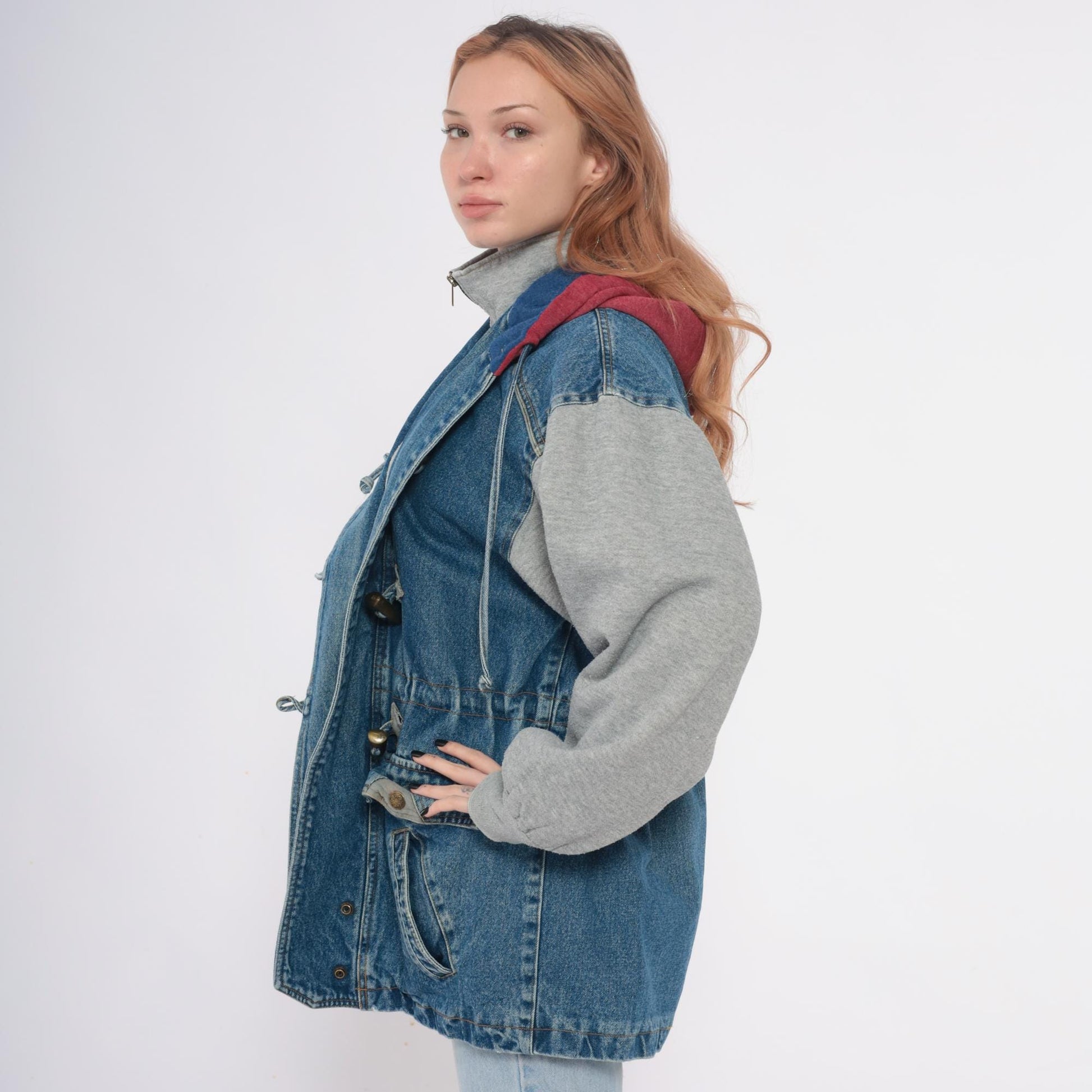 90s New York Girl Denim Jacket Colorblock Hood Toggle Closure Medium M