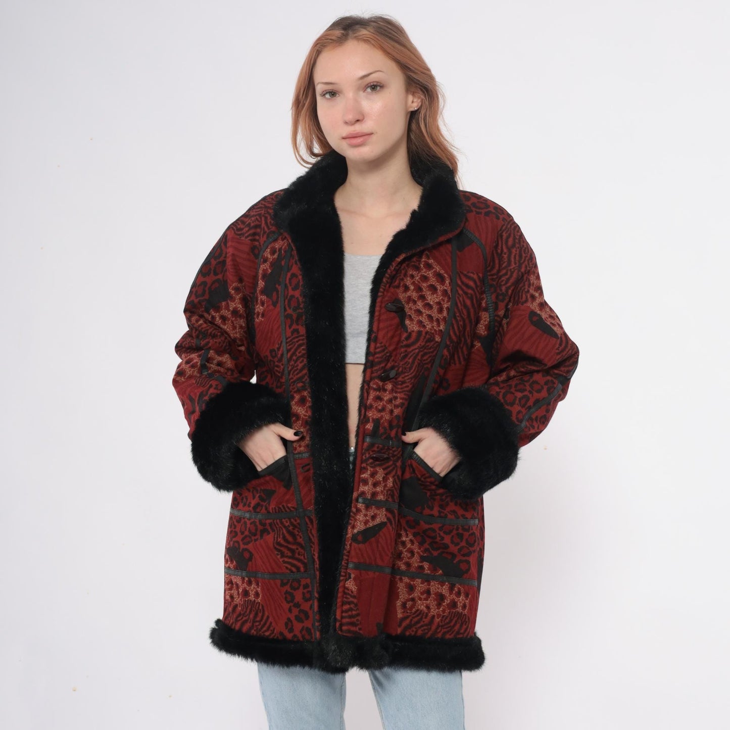 70s Burgundy Patchwork Coat Animal Print Faux Fur Collar Large L