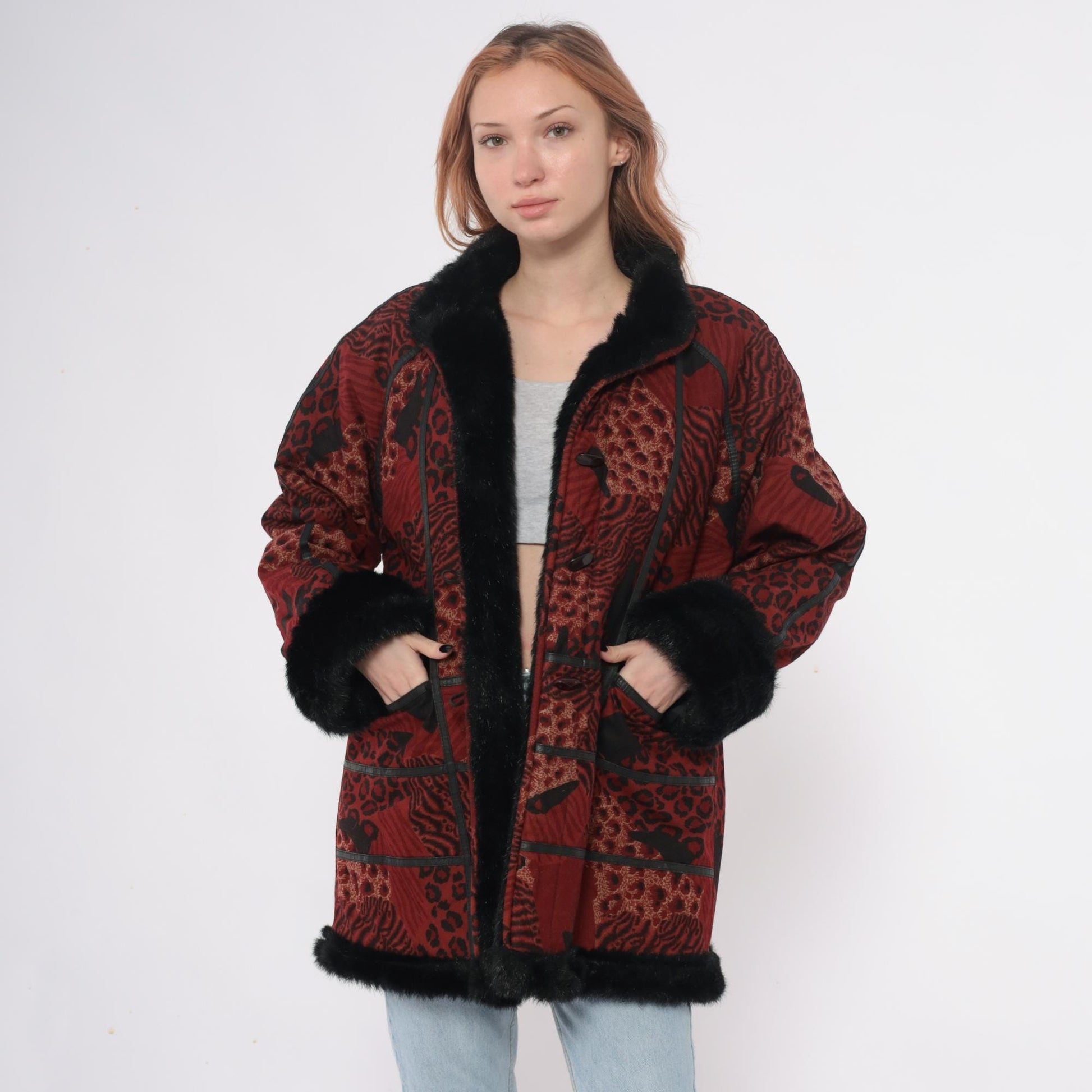 70s Burgundy Patchwork Coat Animal Print Faux Fur Collar Large L