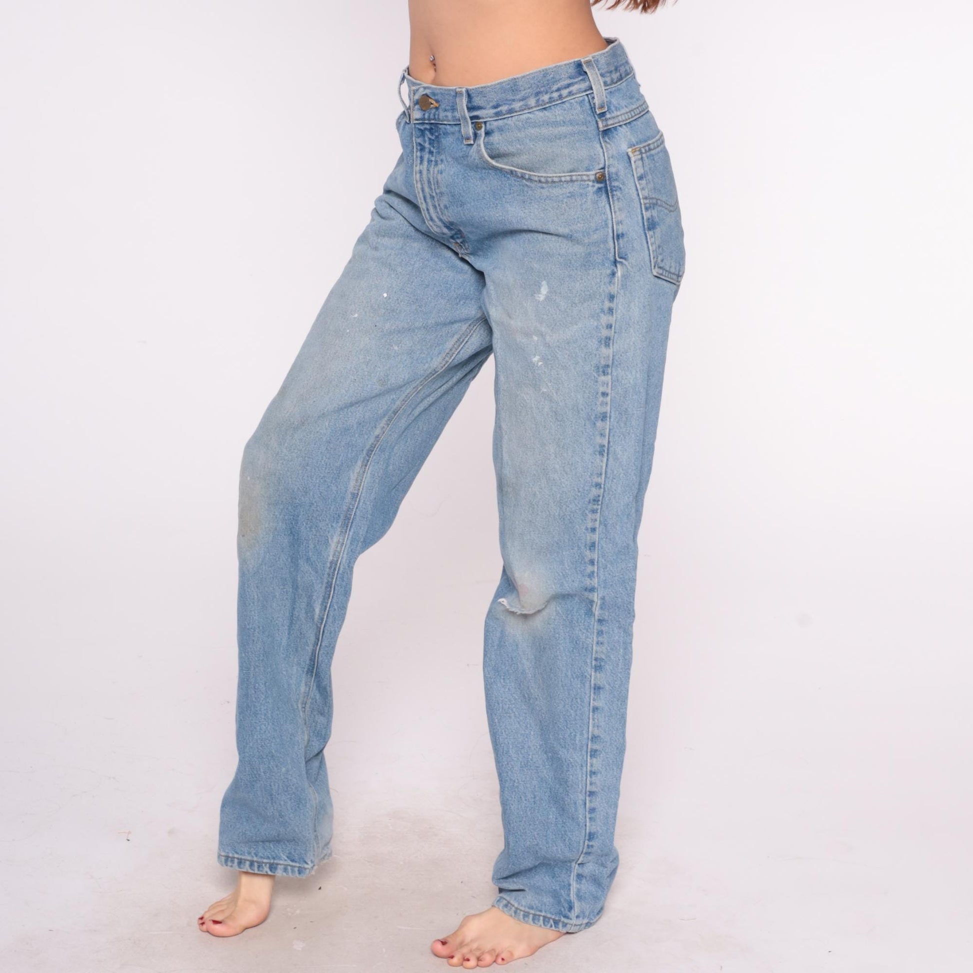 90s Carhartt Denim Jeans Light Blue Distressed Paint Splatter 34x34