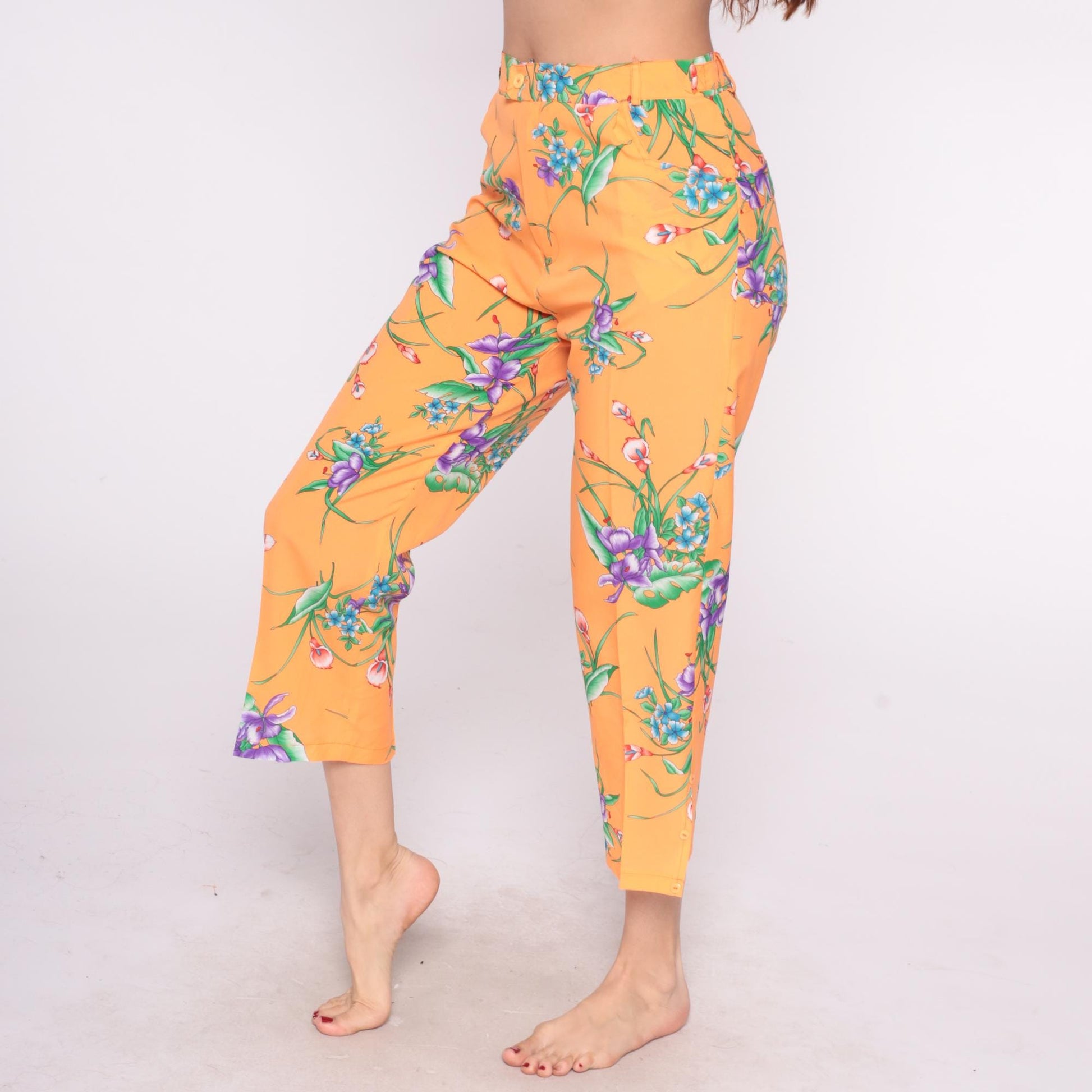 90s Orange Floral Cropped Pants High Rise Straight Leg Medium M
