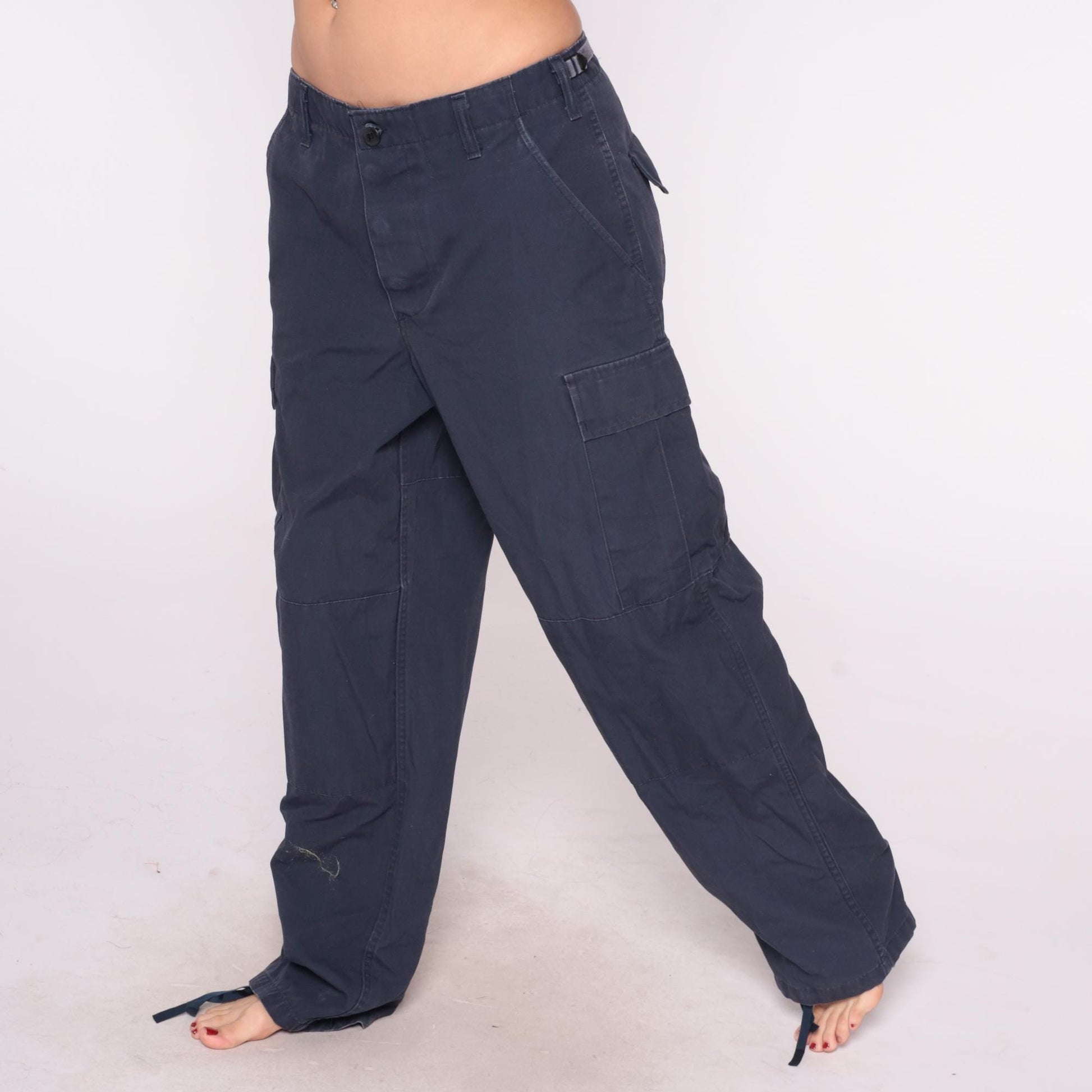 Y2K Navy Cargo Pants Straight Leg Drawstring Utility Pockets Medium