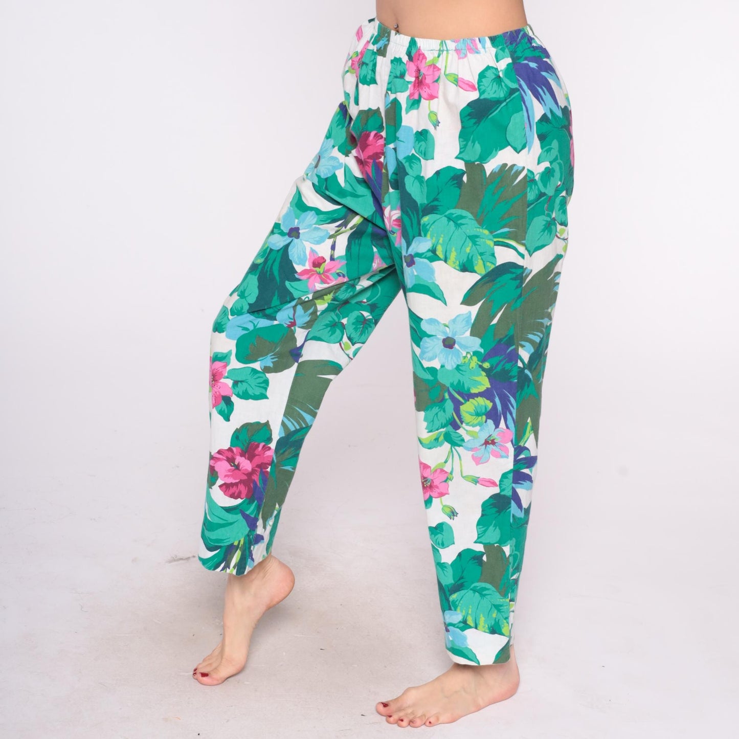 90s Tropical Floral Straight Leg Pants White Pink Green Elastic Waist Large L