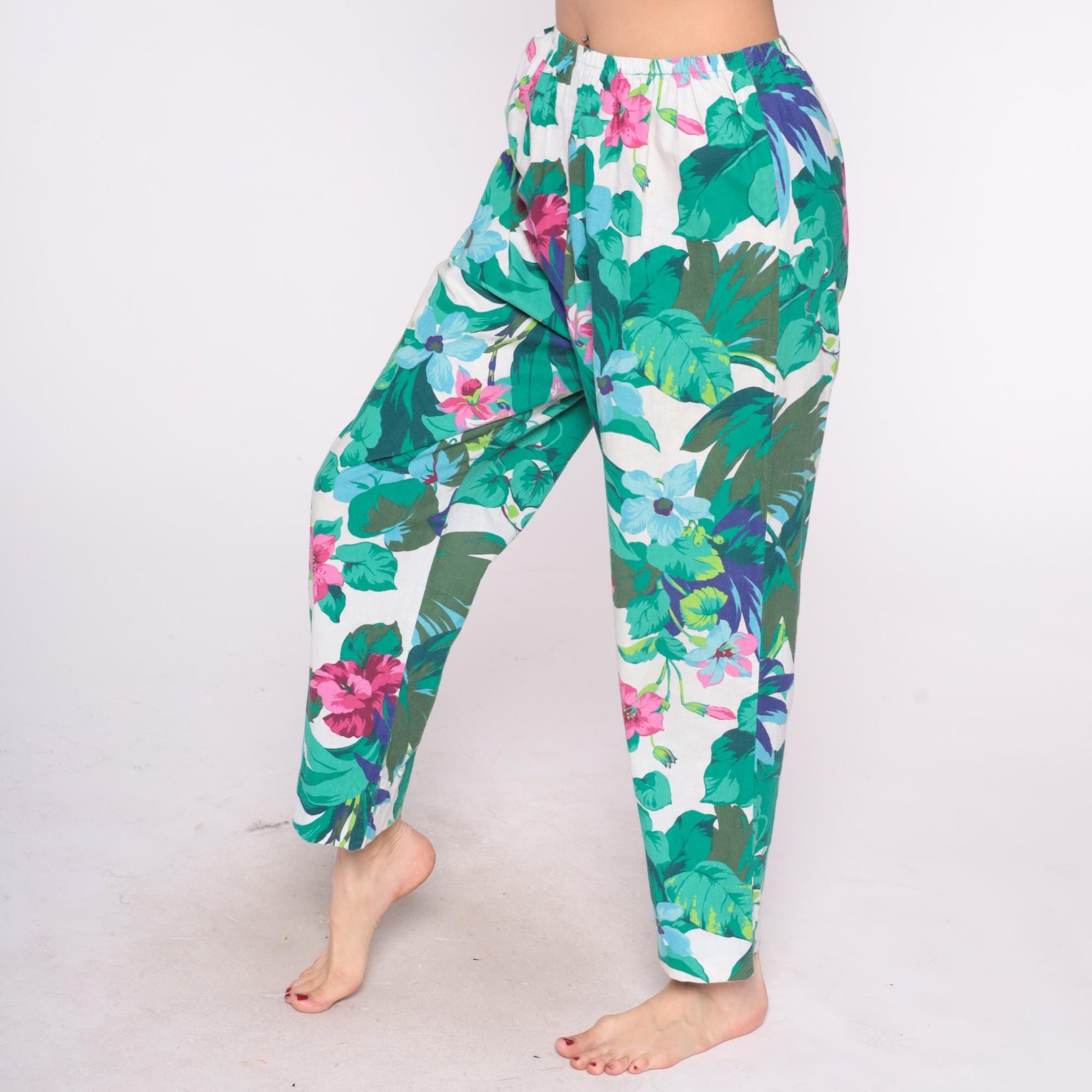 90s Tropical Floral Straight Leg Pants White Pink Green Elastic Waist Large L