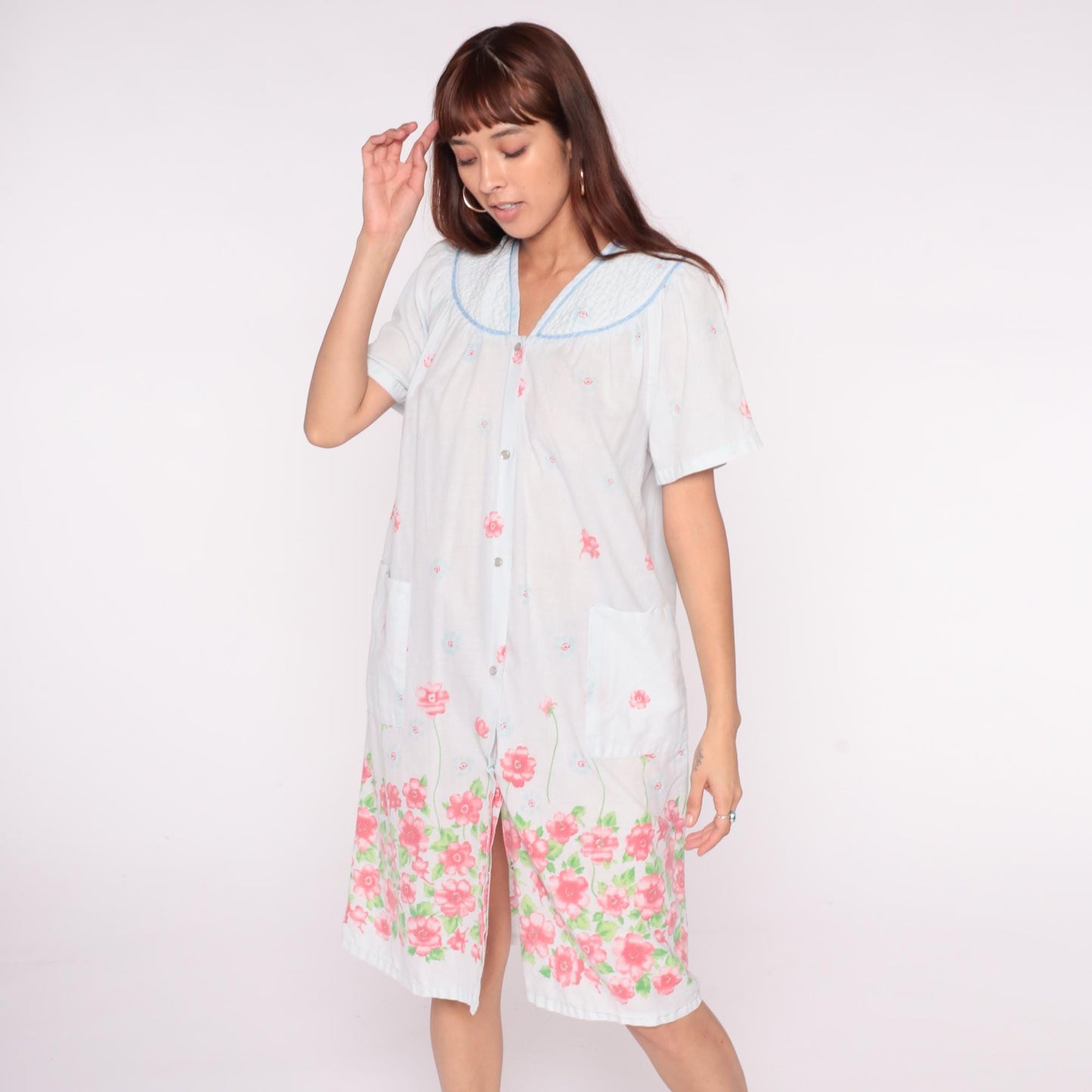 90s Emily Stacy Floral Nightgown White Pink Border Cotton Small