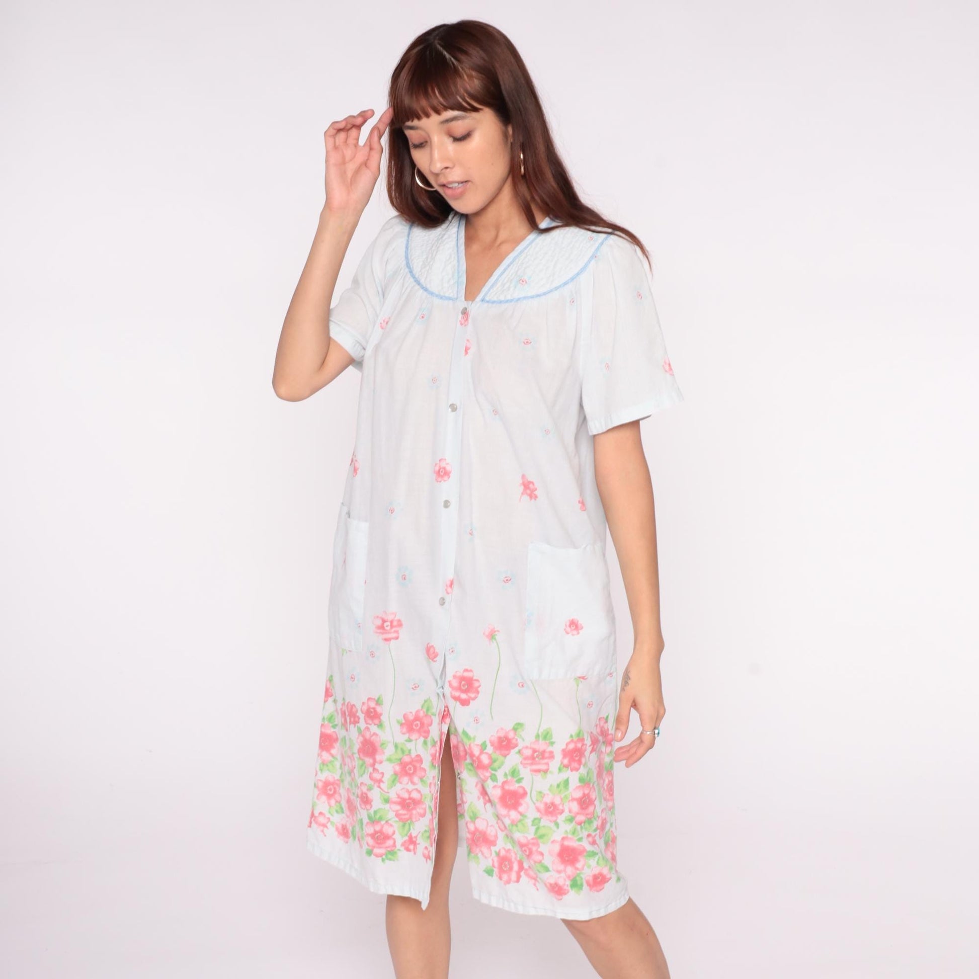 90s Emily Stacy Floral Nightgown White Pink Border Cotton Small