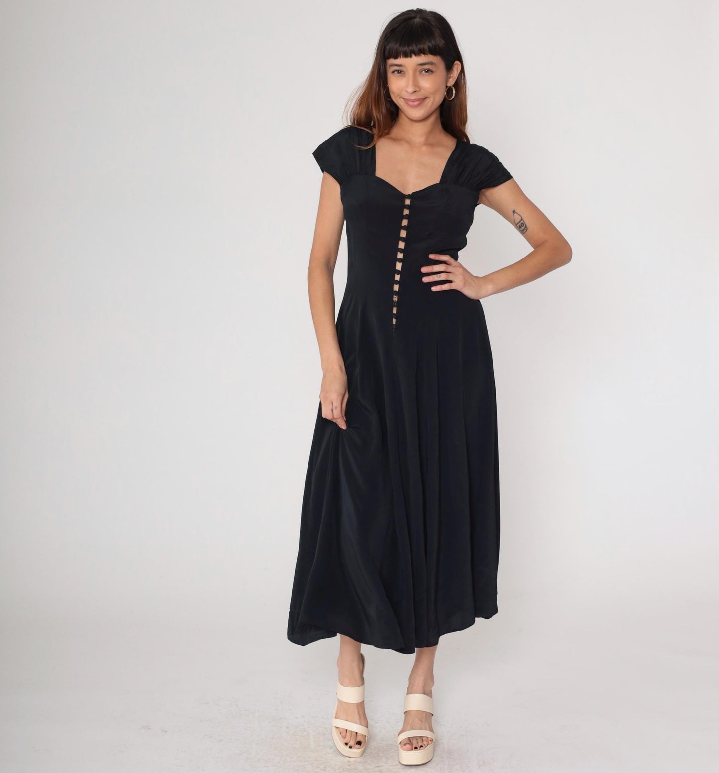 80s Black Maxi Dress Button Front Cap Sleeve Square Cutout Medium