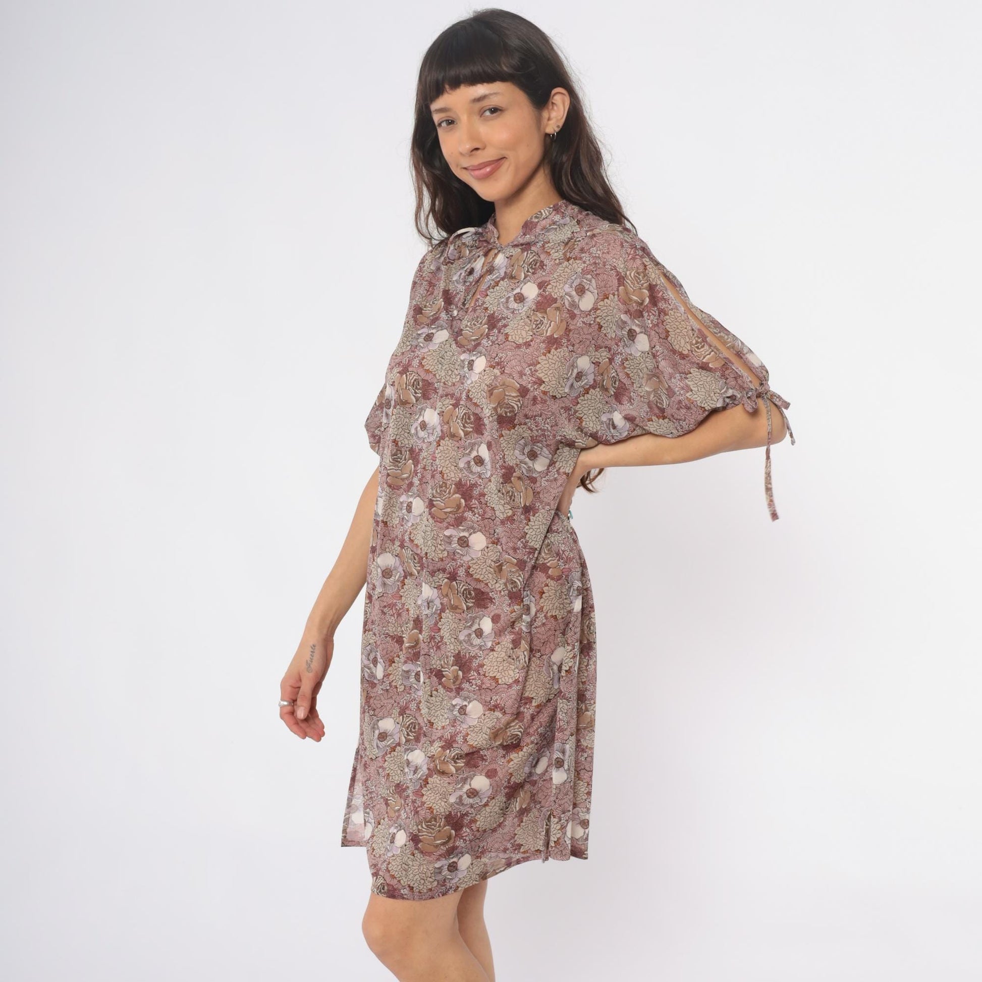 70s Trolley Car Floral Shift Dress Dusty Rose Tie Neck Knee Length Large L