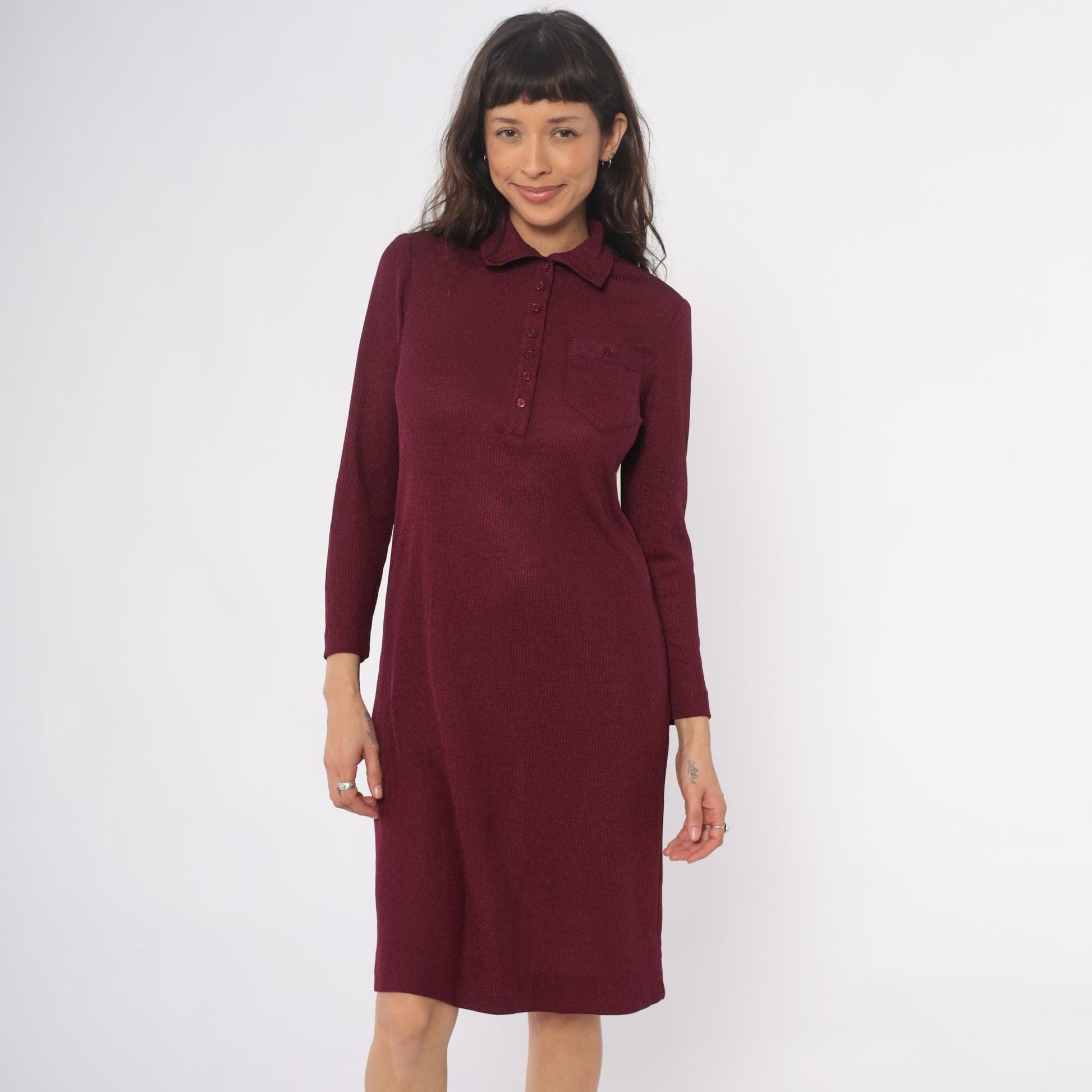 70s Burgundy Ribbed Knit Polo Dress Knee Length Collared Long Sleeve Medium