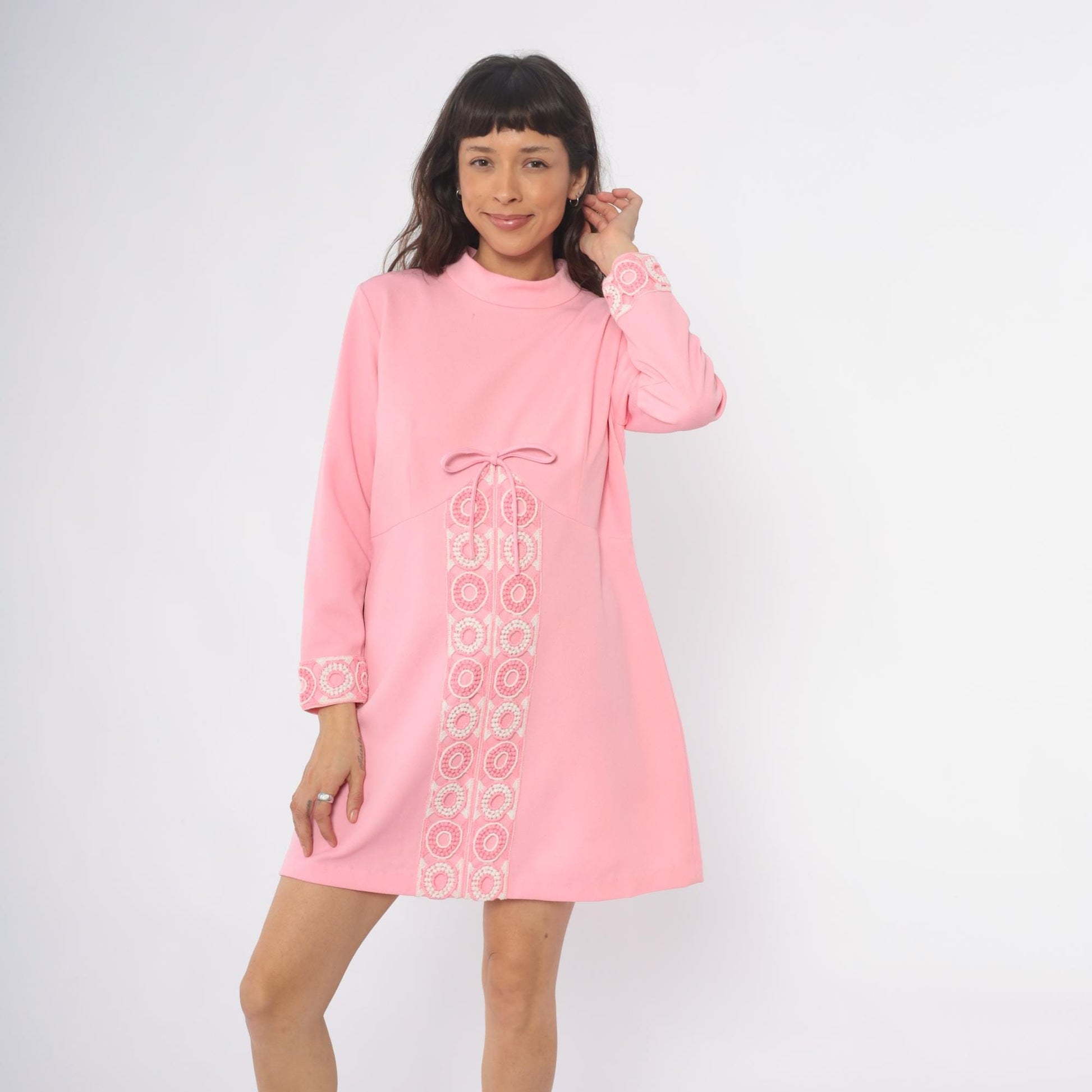 70s Pink Mini Shift Dress Long Sleeve Embroidered Mock Neck Large L