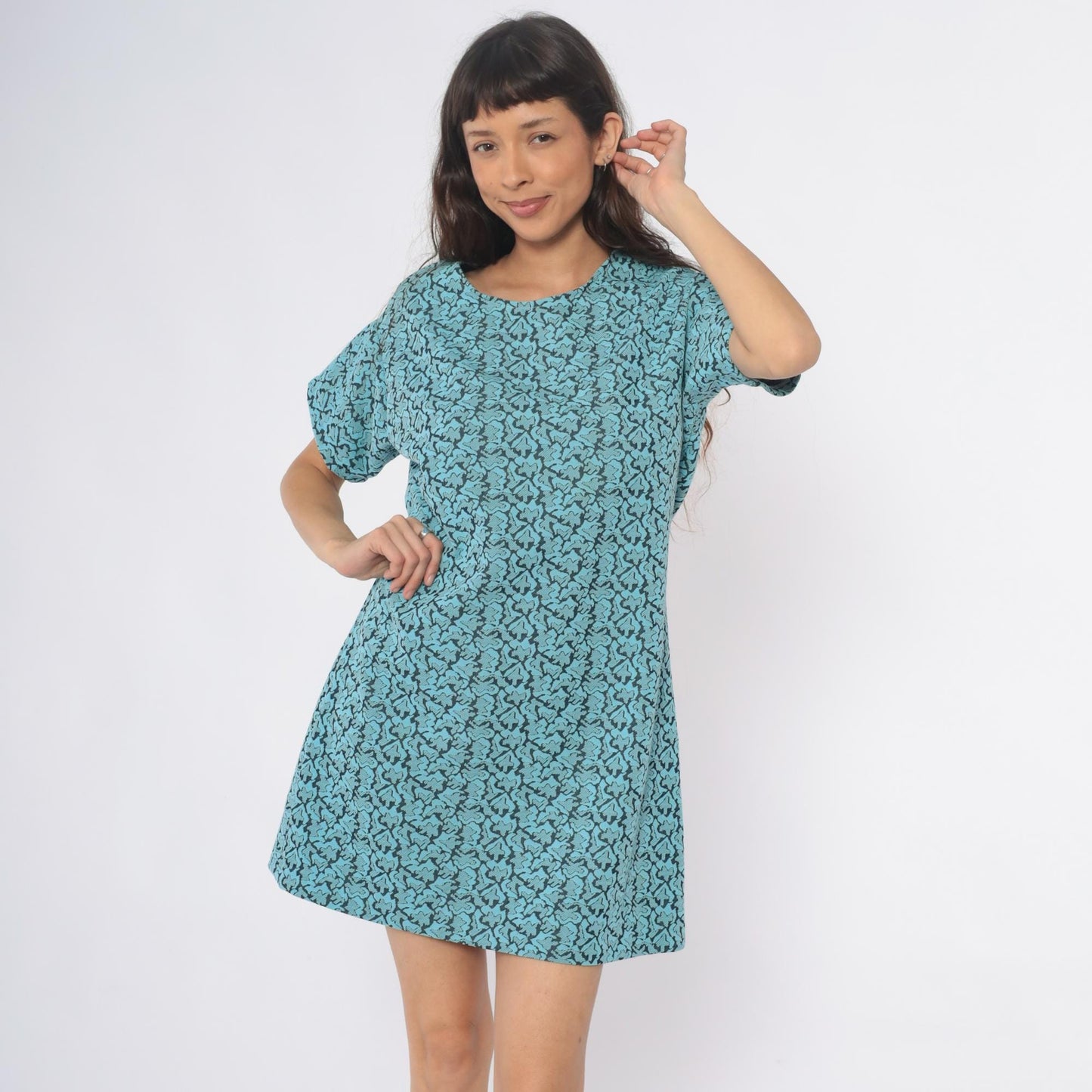 1960s Turquoise Shift Dress Black Floral Damask Print Mini Short Sleeve Large L