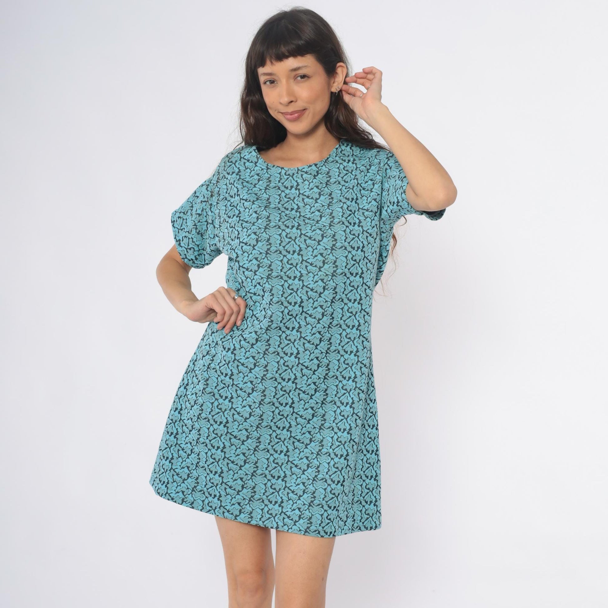 1960s Turquoise Shift Dress Black Floral Damask Print Mini Short Sleeve Large L