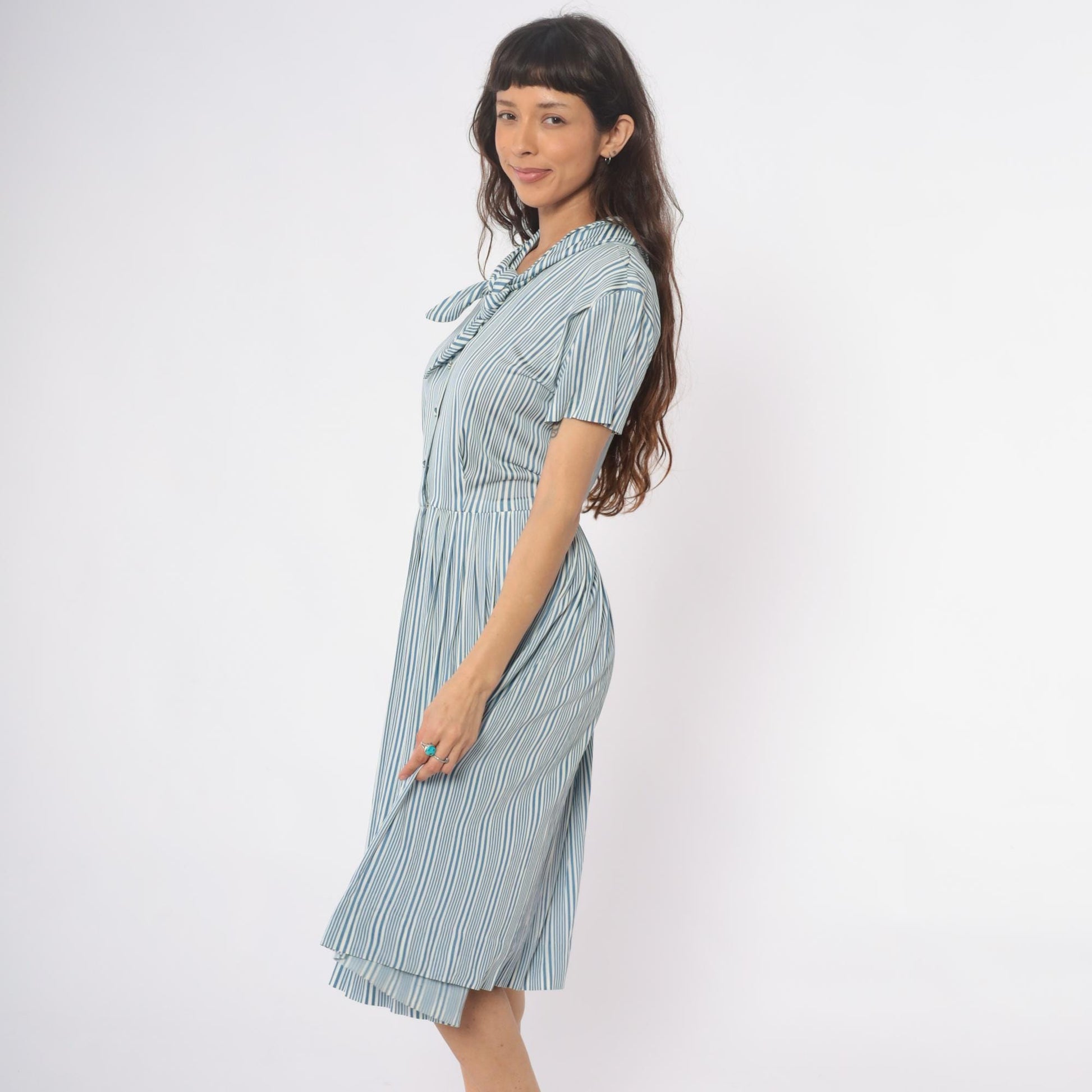 60s Nancy Greer Striped Midi Dress Blue White Mod Button Front Medium