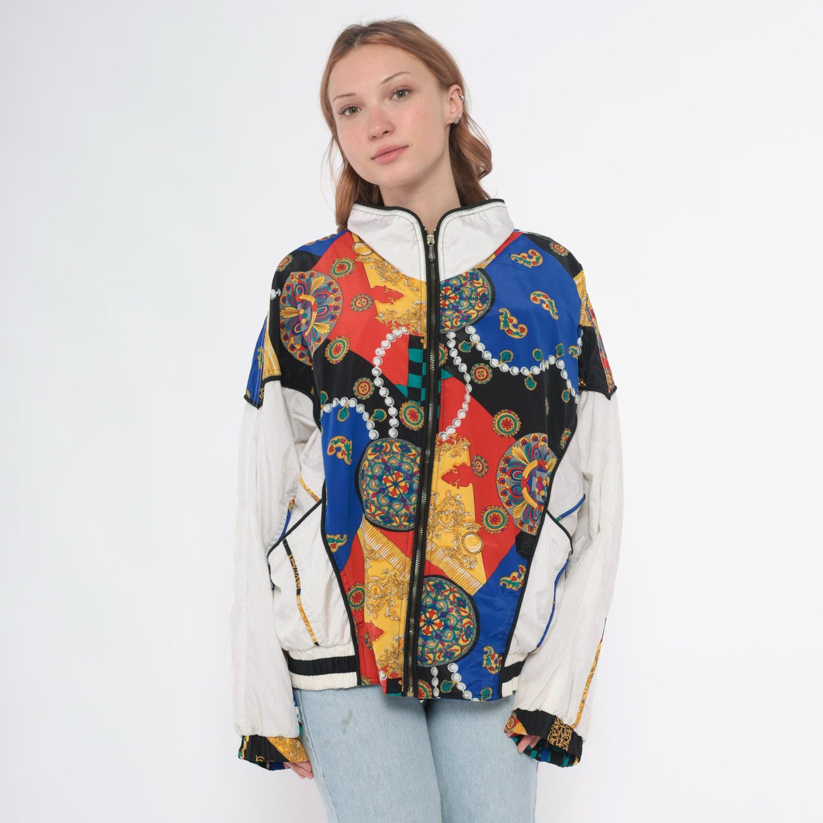 90s East West Windbreaker Multicolor Baroque Checkerboard Chain Print Large