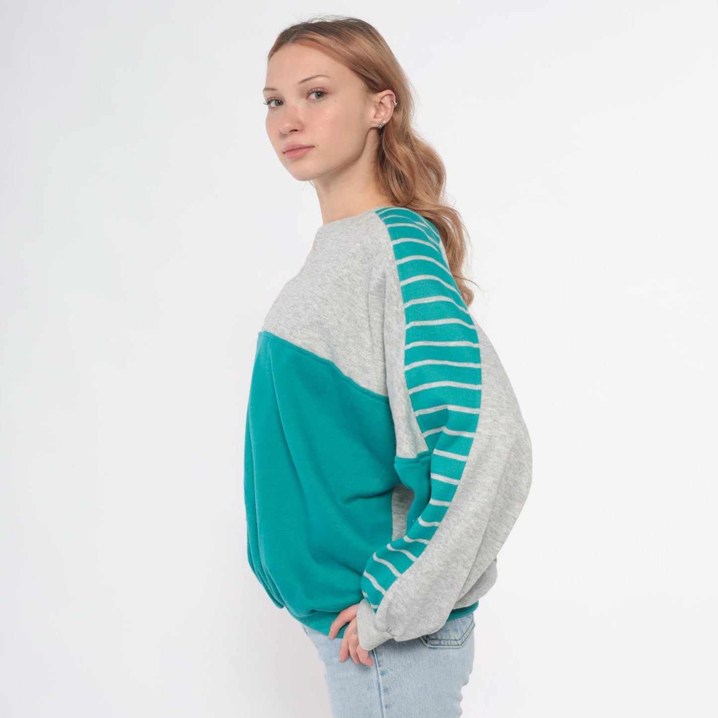 90s Teal Colorblock Sweatshirt Grey Striped Sleeve Crewneck Medium M