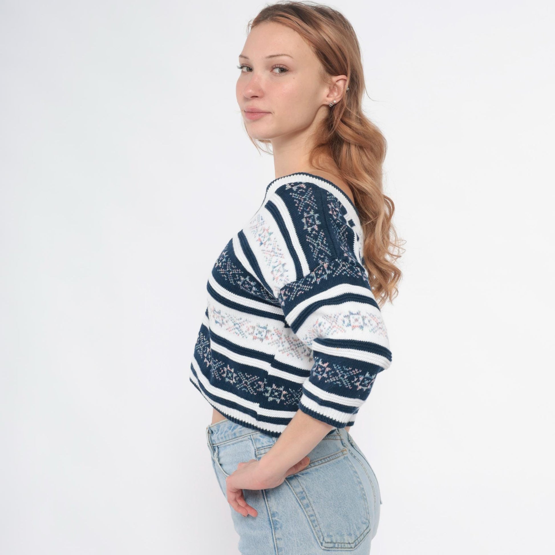 90s Navy Floral Striped V-Neck Knit Sweater Cotton Blend Medium M