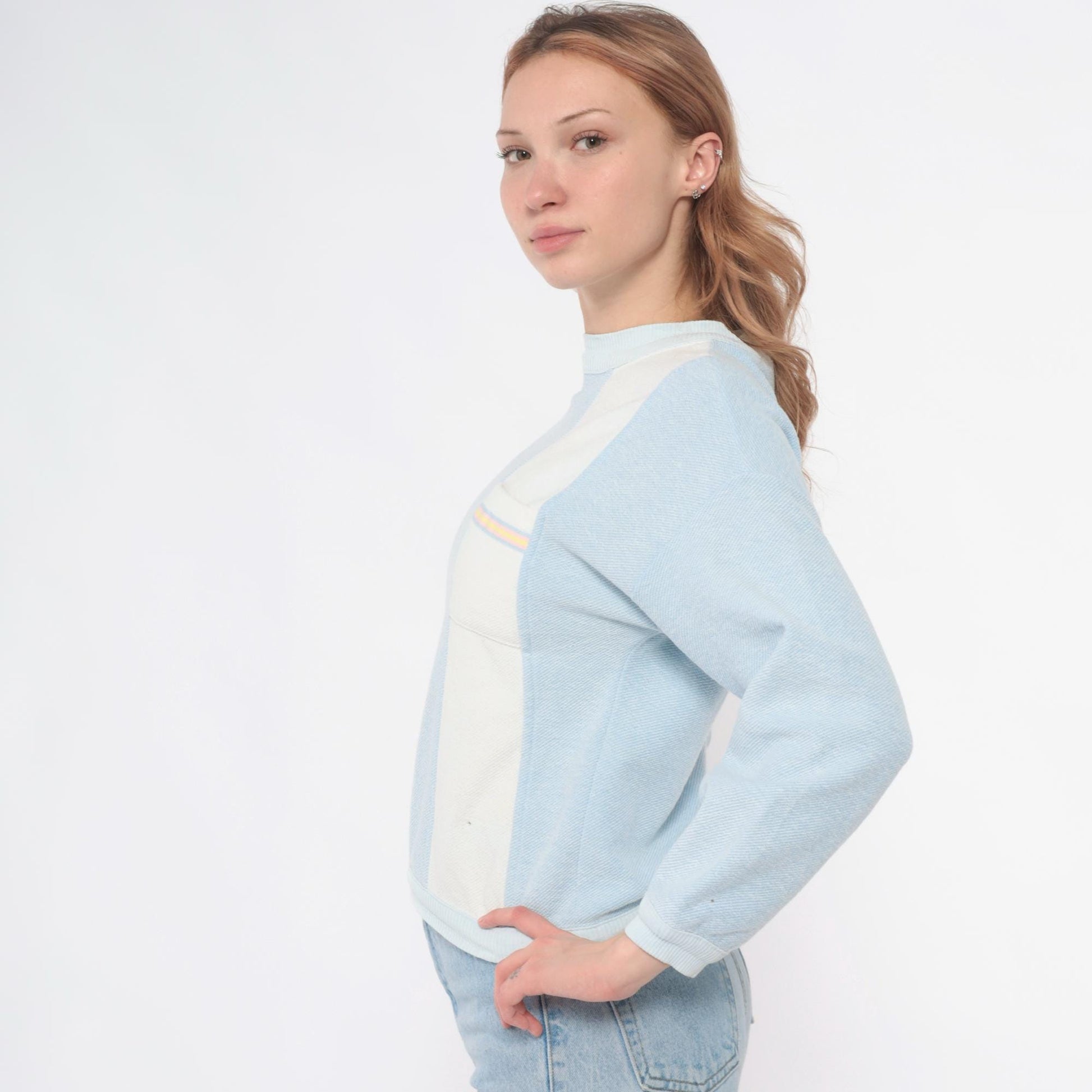 90s Willy Dee Light Blue Colourblock Sweatshirt Crew Neck Small S