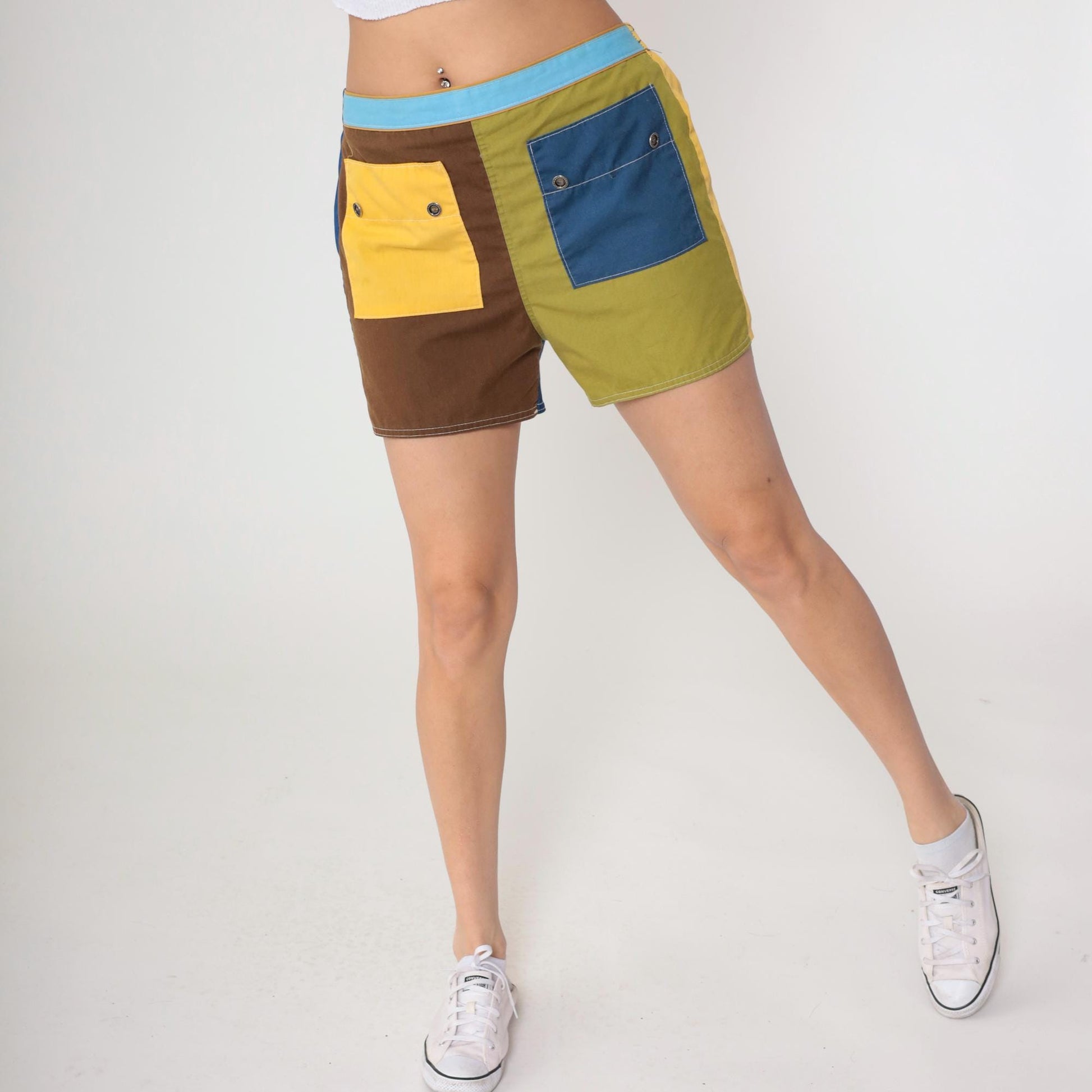 80s Colorblock Shorts Yellow Navy Brown Chartreuse High Waist Cotton Medium