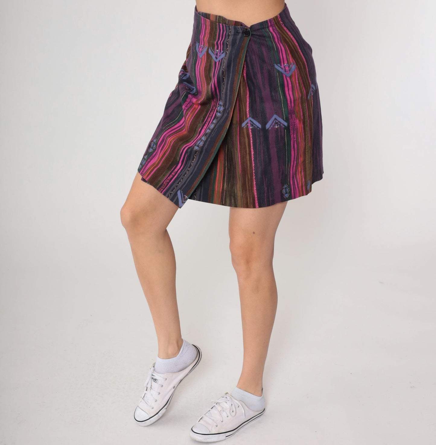 90s Fox & Hound Striped Cotton Mini Wrap Skirt Geometric Purple Pink Medium