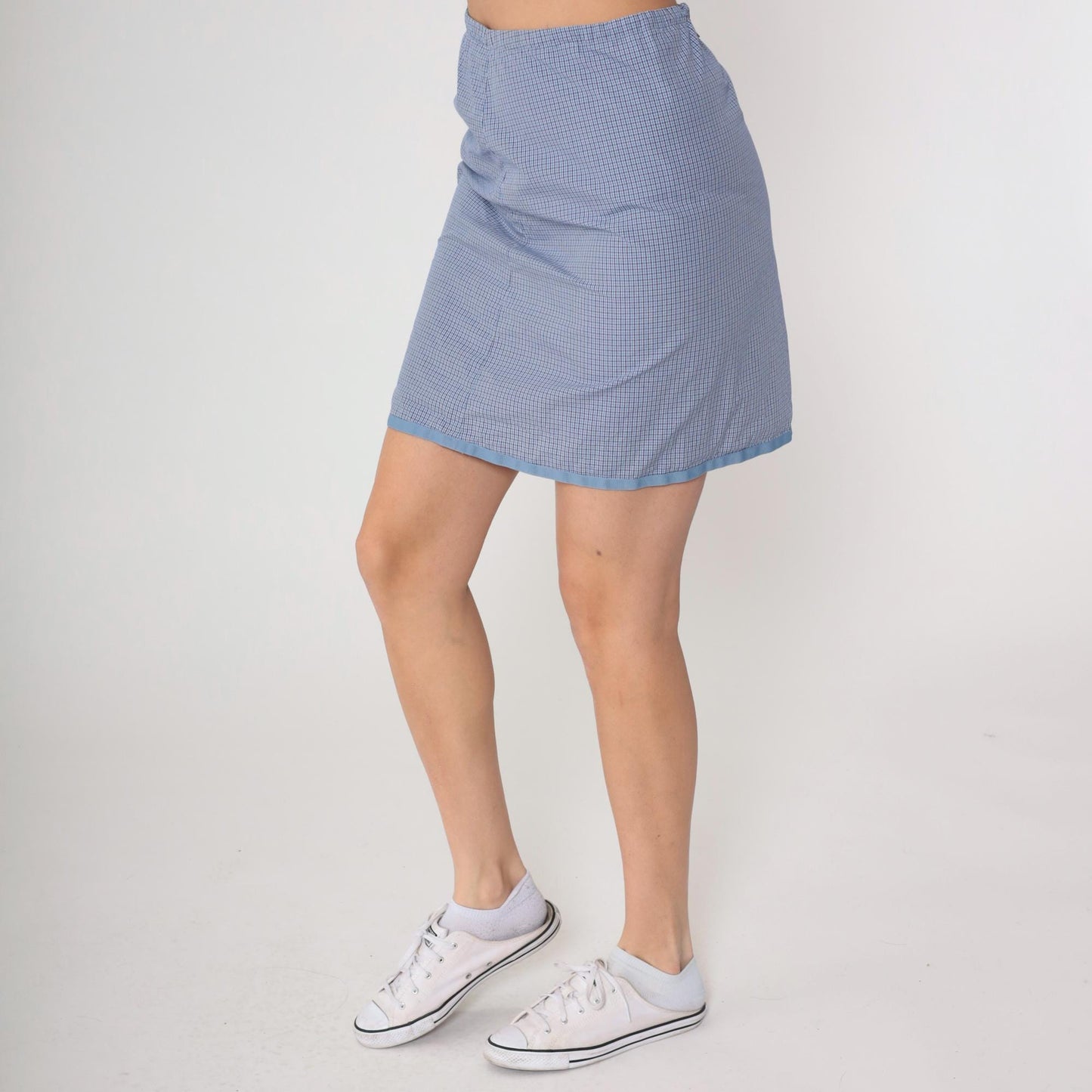 90s Horny Toad Gingham Mini Skirt Blue White Cotton Elastic Medium M