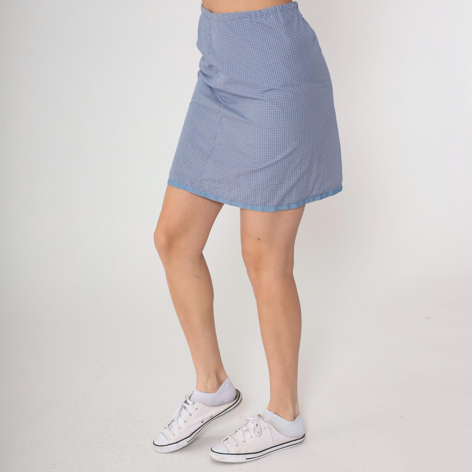 90s Horny Toad Gingham Mini Skirt Blue White Cotton Elastic Medium M