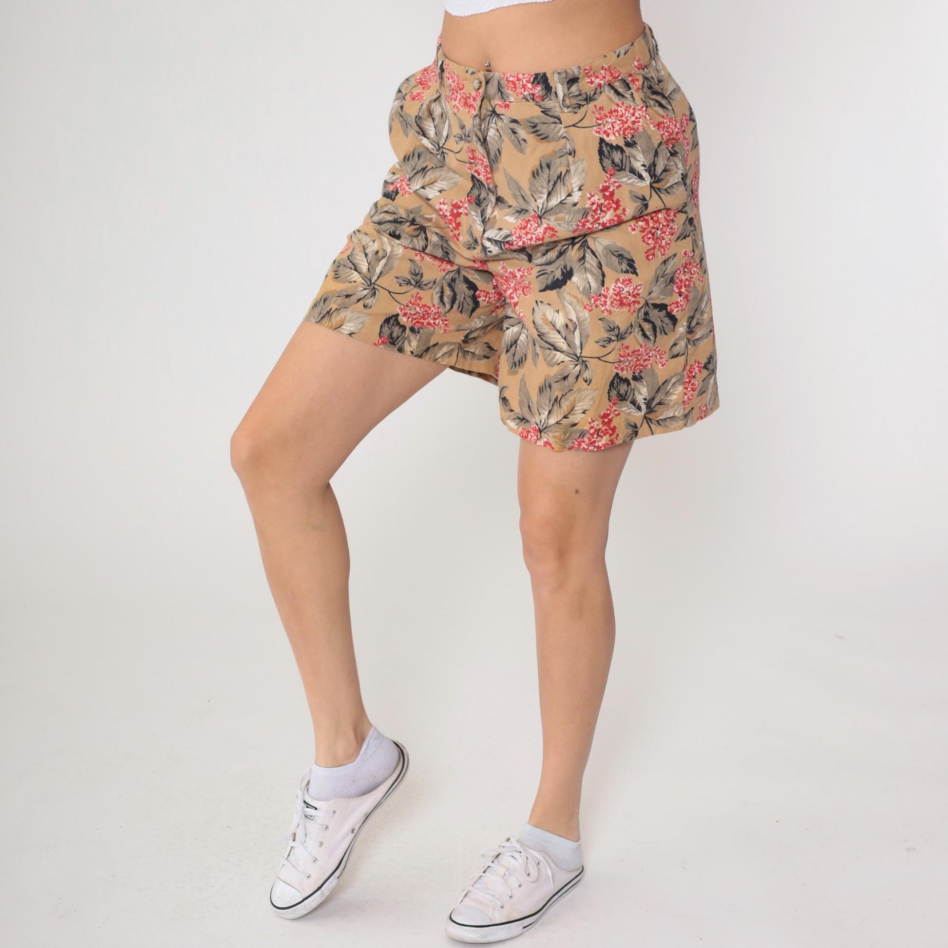 Y2K Jones New York Floral Shorts High Waisted Pleated Linen Tan Large L