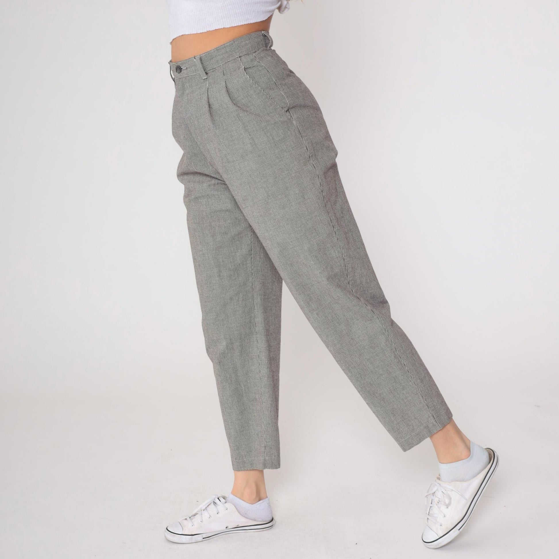 80s Lee Casuals Gray Houndstooth High Waist Tapered Ankle Trousers 29